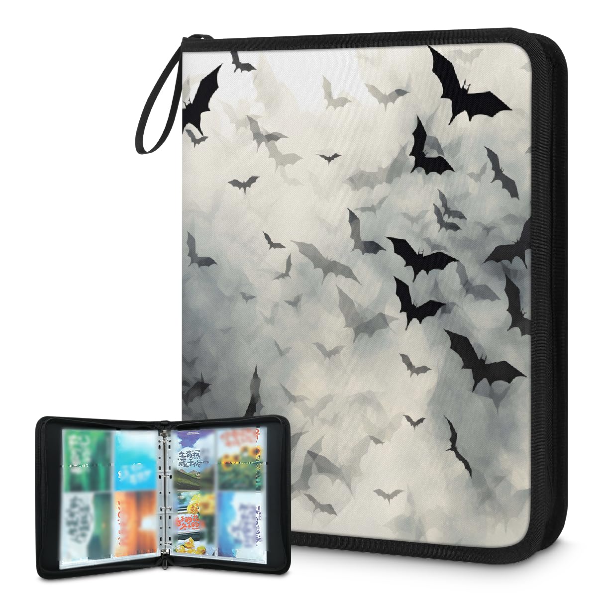 Raccoglitore per carte collezionabili con 4 tasche, motivo pipistrelli di Halloween, con maniche rimovibili, impermeabile, con cerniera, 50 pagine, capacità 400 carte