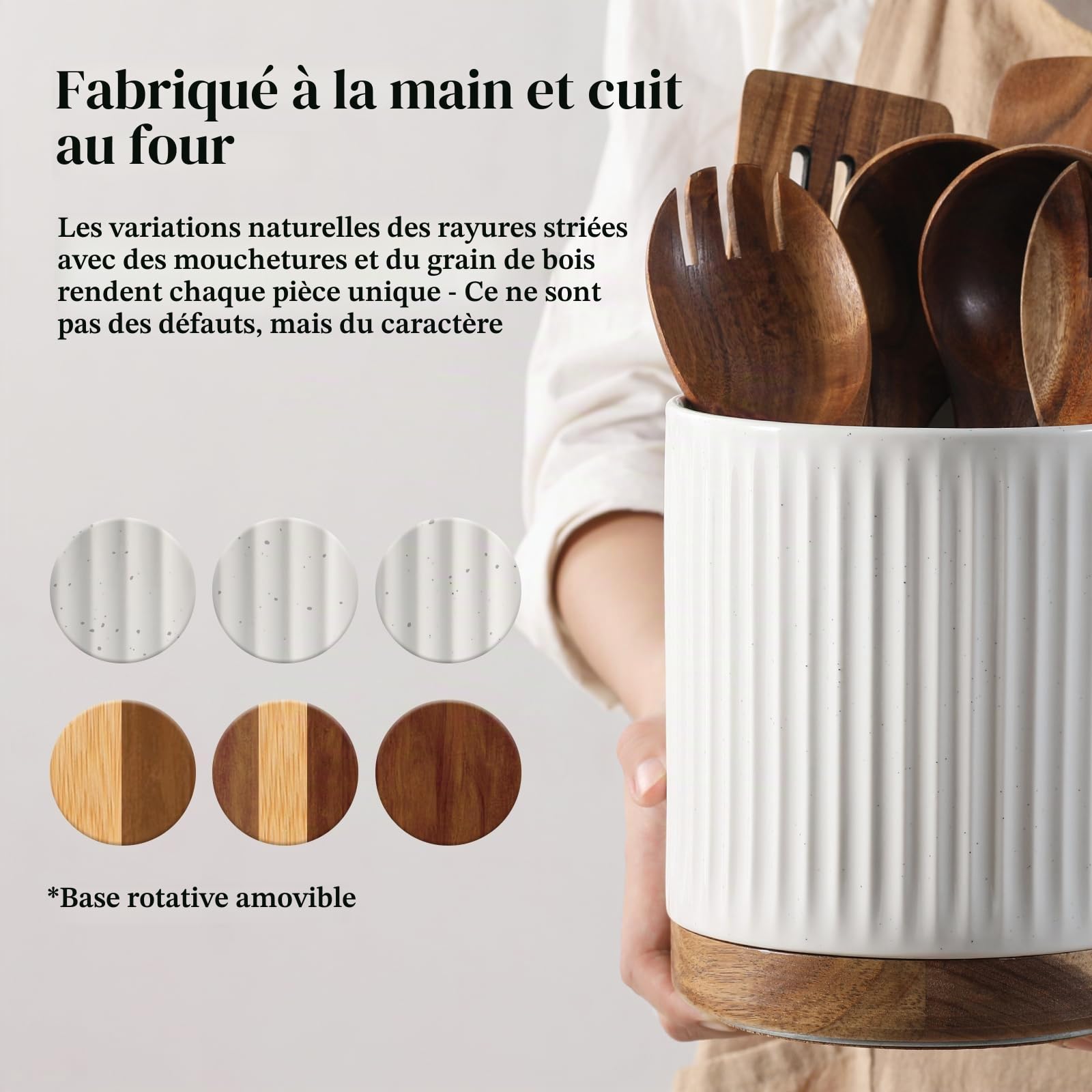 DOWAN Porte-ustensiles de cuisine rotatif en céramique, grand récipient pour ustensiles de cuisine, grand récipient pour cuillères de cuisine, rangement d'ustensiles de cuisine, blanc avec relief