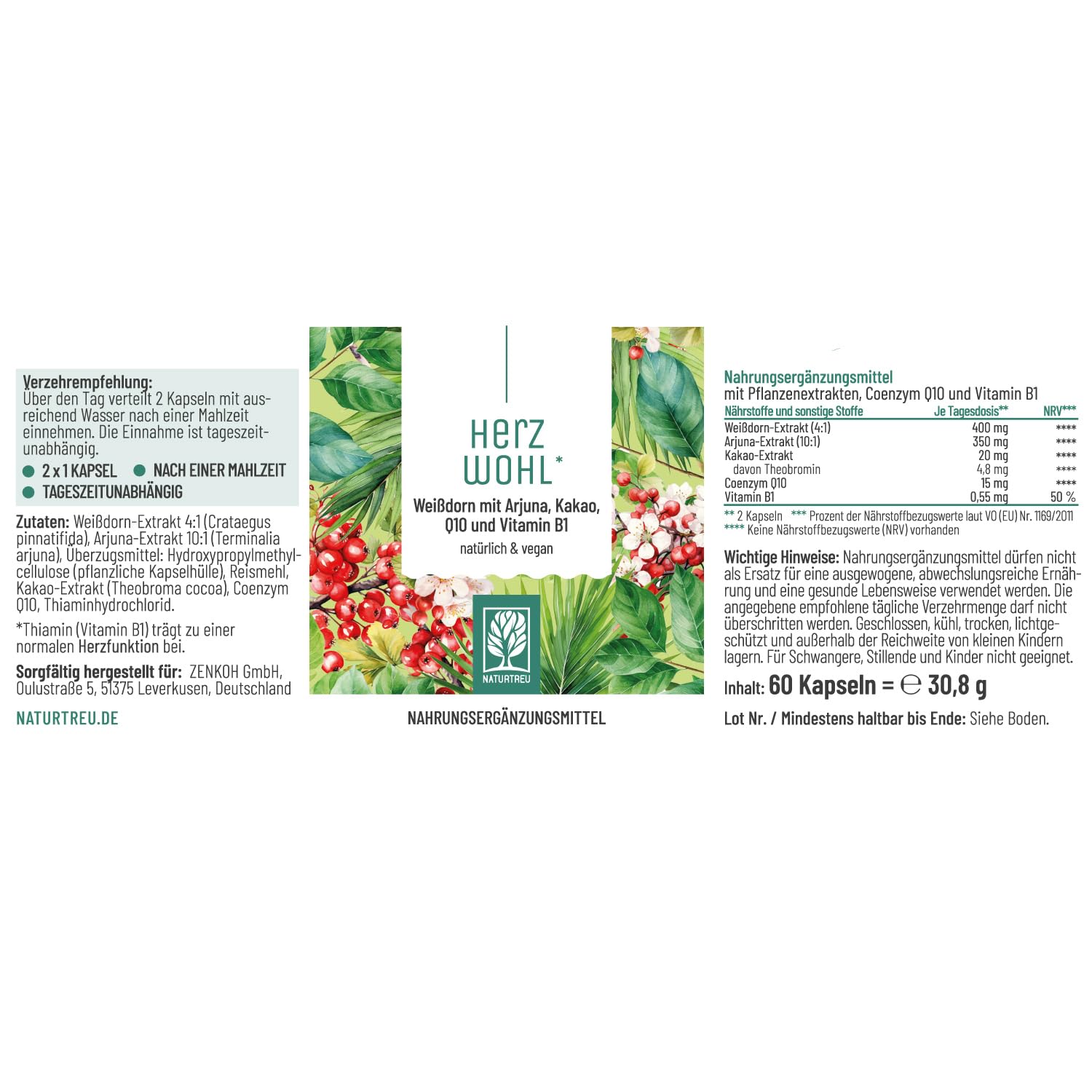 NATURTREU® Herzwohl mit hochdosiertem Weißdorn, Arjuna & Coenzym Q10 - Vorteilsbundle 5er Paket - Natürliche Alternative zu herkömmlichen Venenkapseln
