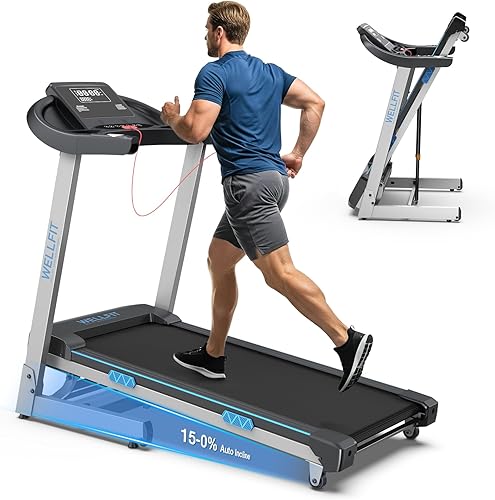 WELLFIT - Caminadora plegable con inclinación automática - Alfombrilla de caminar de escritorio con inclinación del 10%, barra de agarre, capacidad