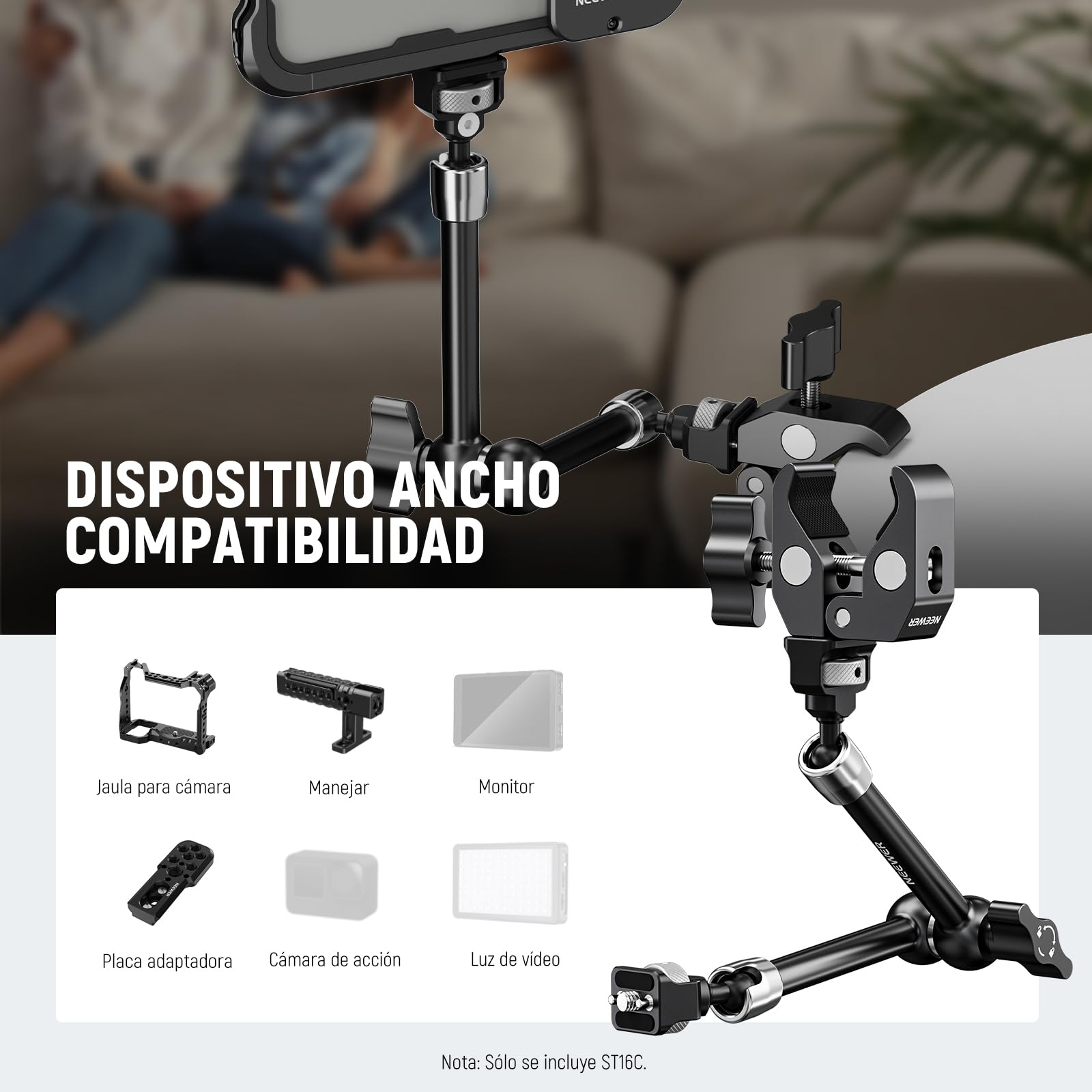 NEEWER 11" Magic Arm Clamp Mount Articulado con Super Clamp, Cámara Monitor Mount con 1/4" 3/8" ARRI Localización Pasador y Orificio para DSLR Cámara Acción Luz Compatible con SmallRig Jaula, ST16C