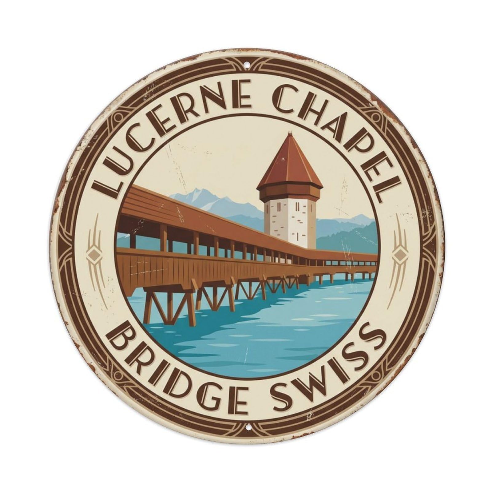Lucerne Chapel Bridge Switzerland Landmark Metal Tin Sign Plaque Wall Decor for Cafe, Club Bar, Office, Home Garden Round Metal Poster 8x8Inch