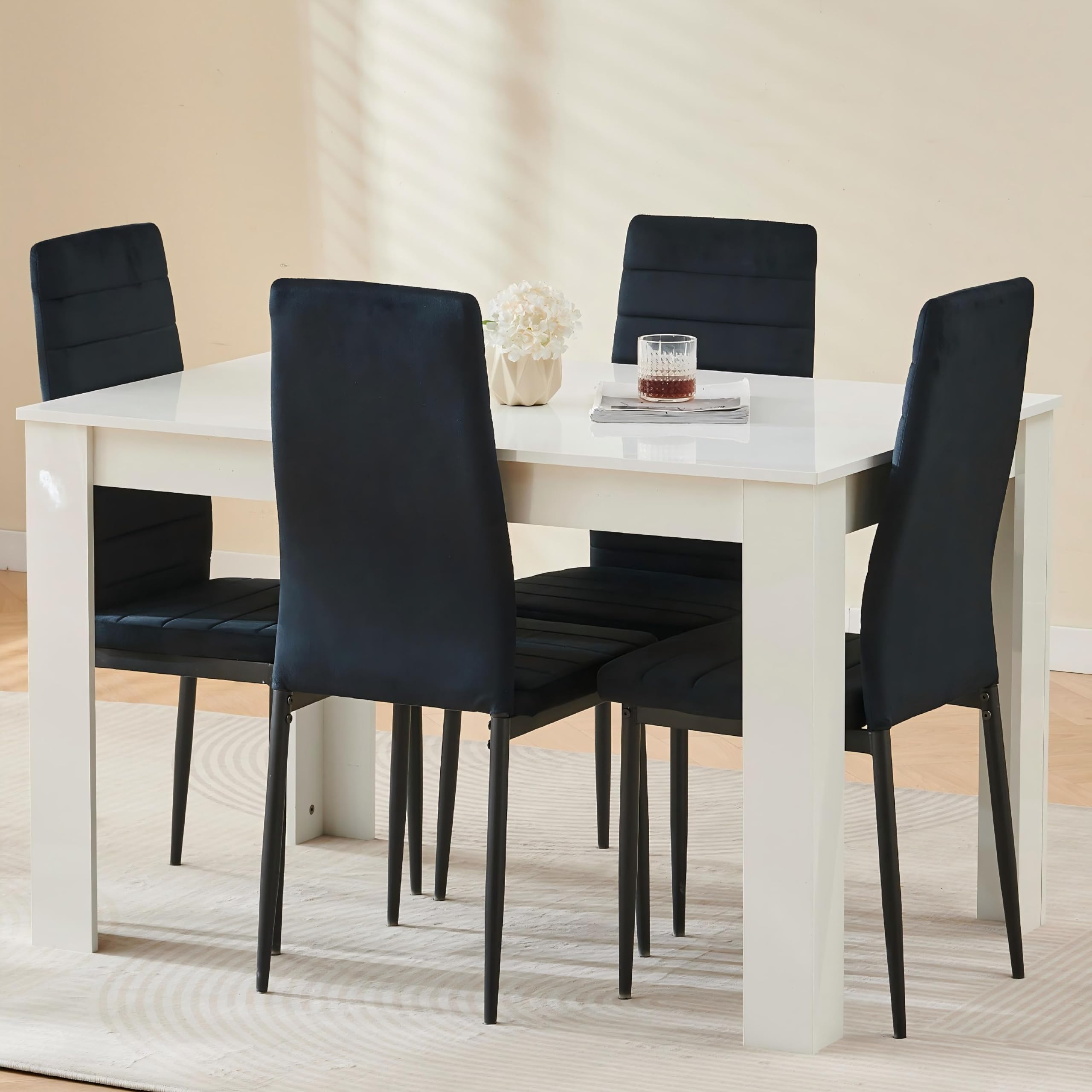 Homullel 120cm Glossing Dining Table and 4 Chairs, 4 Seater Kitchen Table and Chairs Set for Space Saving, Compact Dining Room Set for 4, 120x80 cm, Wooden, White (4 Seaters, Flannel Black) โ image 1