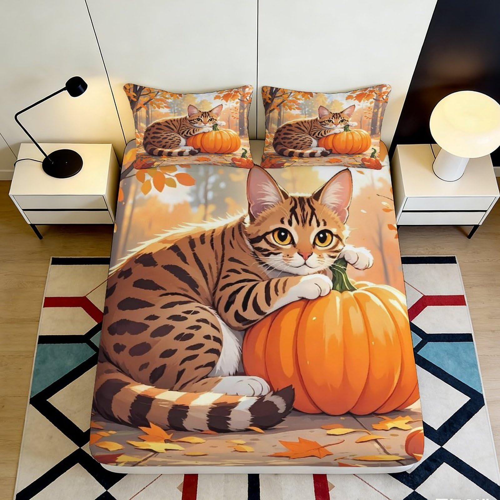 3D Printed Autumn Cat Pumpkin Fitted Sheet Microfiber Soft Mattress Cover for Bedroom Dorm Decorative 90x200x25cm