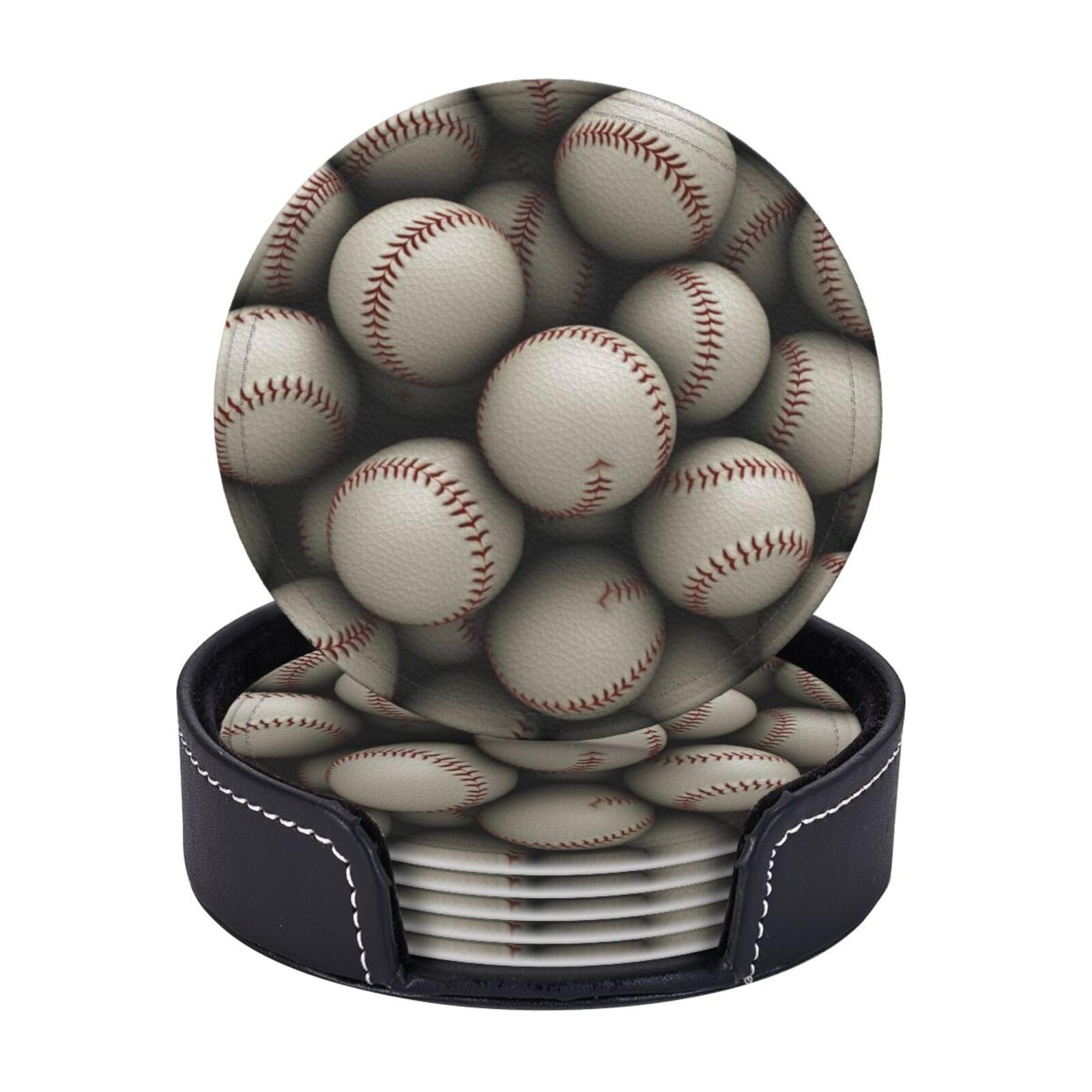 6PCS Drink Coasters with Holder, 4" Leather Coasters for Drinks, Baseball Cup Coasters for Coffee Table Decor, Non-Slip Drinking Cup Mat for Hot or Cold Drink