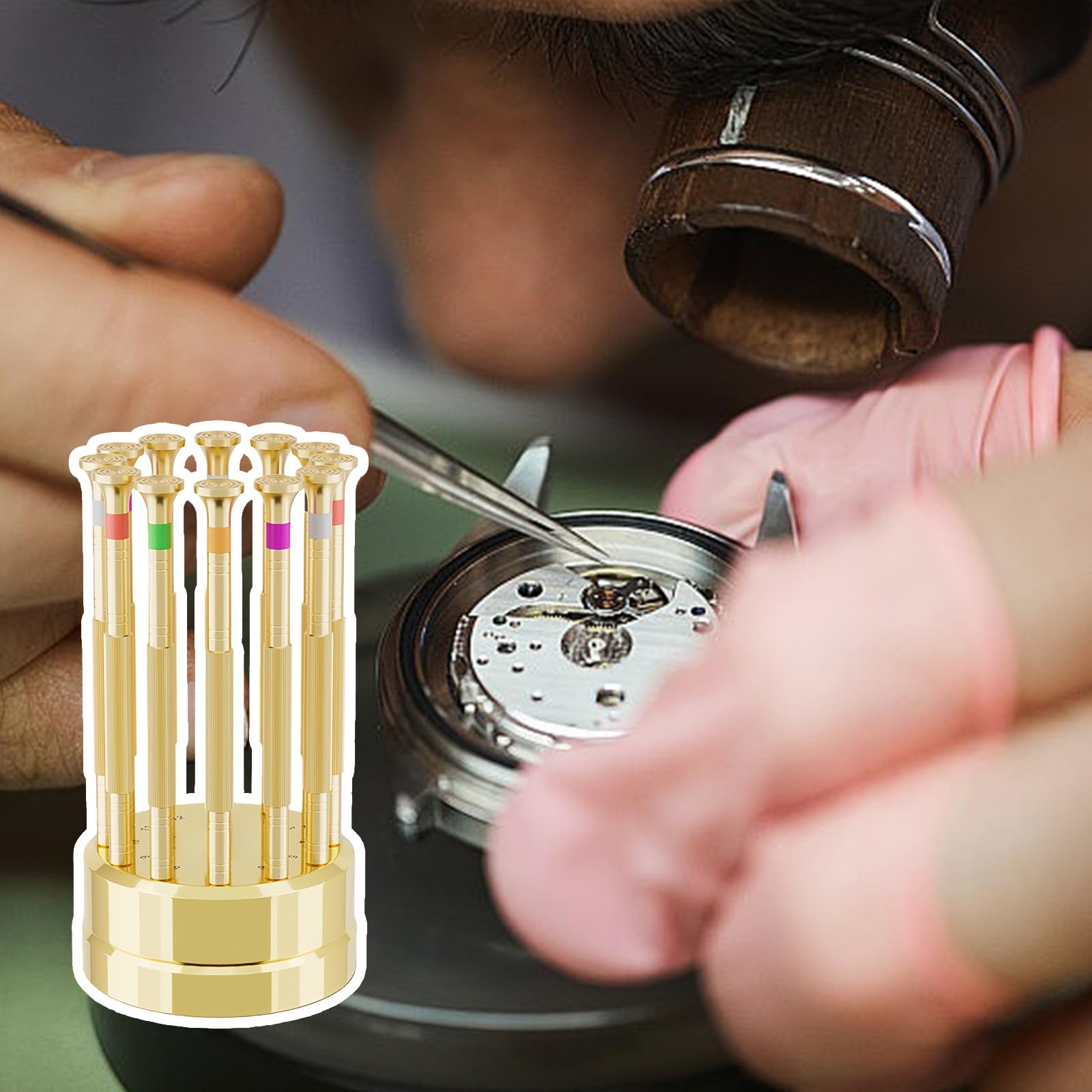 Set di cacciaviti con manico in rame da 12 pezzi per riparazione elettronica dell'orologio del telefono con punta in acciaio al carbonio e supporto rotante