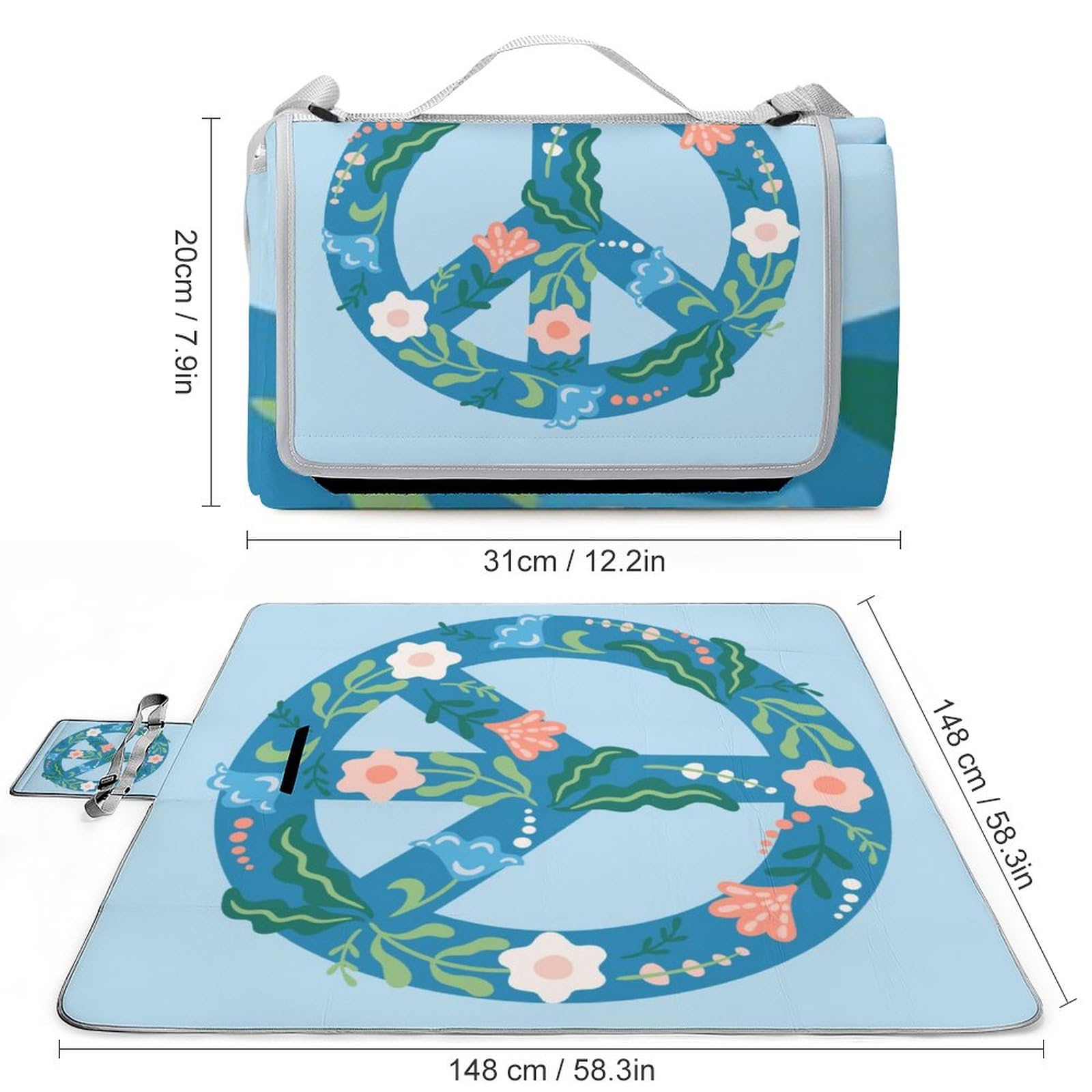 Peace Blue Pattern Picnic Blanket Waterproof Foldable, Large Outdoor Picnic Blanket Beach Blankets Camping Blanket Travel Mat, Shoulder Strap Tote, Rectangle 58x58in