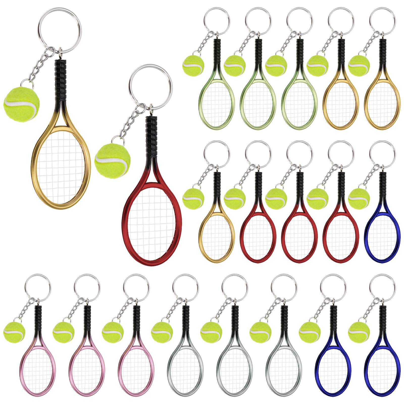 WRINGKIT 18 Pack Tennis Racket Keychain, Mini, Fashionable | Tennis Ball Key Chain with Key Ring, Cute Metal Keychains Ornament Backpack Accessories for Sport Lovers Team Gift, 6 Colors