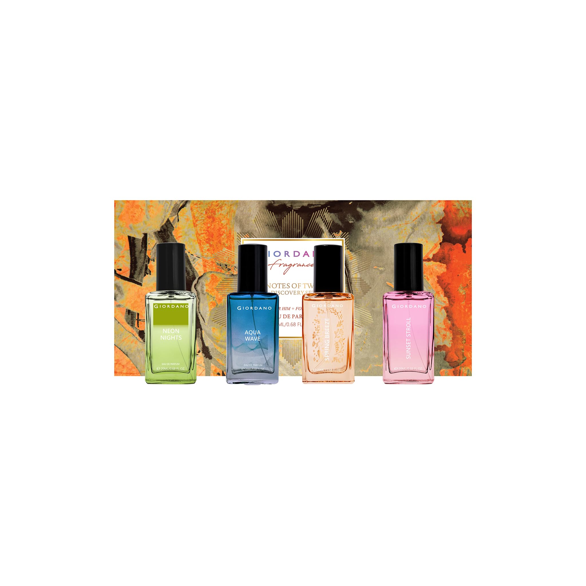 Giordano Notes of Two Discovery Set | Perfume Gift Set for Men & Women (4 x 20ml) | Eau de Parfum Couple Set | Fresh, Floral & Woody Fragrances | For Him: Neon Nights and Aqua Wave For Her: Spring Breeze and Sunset Stroll | Long Lasting Travel Size Gift Pack-image-32
