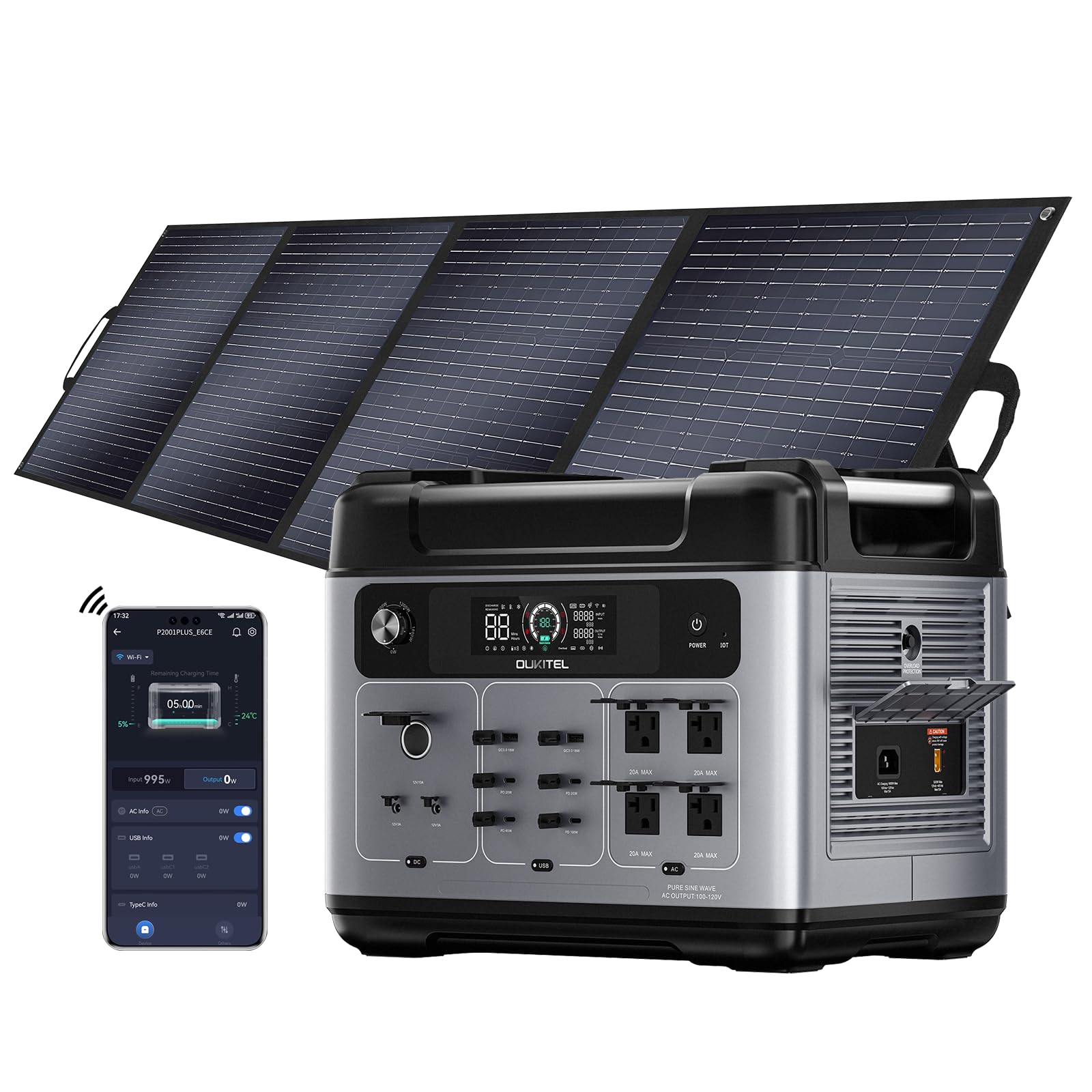 OUKITEL P2001 Plus 2400W Power Station with 200W Solar Panel 2048Wh Solar Generator with 4 AC Outlets 5000W