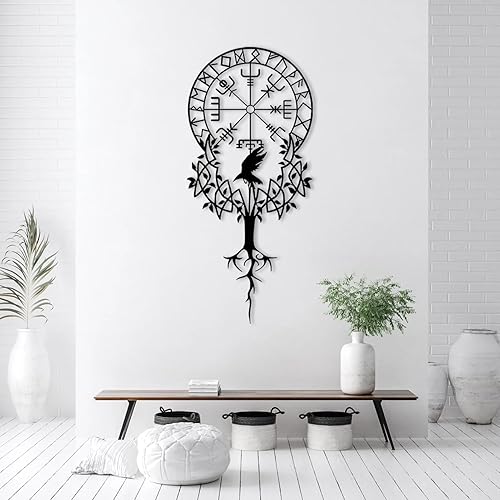 Vegvisir Metal Wall Art, Viking Symbol Wall Art, Metal Wall Sign, Vegvisir Compass, Nordic Metal Wall Decor, Viking Symbols, Amulet Protection Decor, Tree of Life Art, Metal Wall Art (Black, 19 x 41 inch / 48 x 105 cm) - 41L" x 19W" - Black