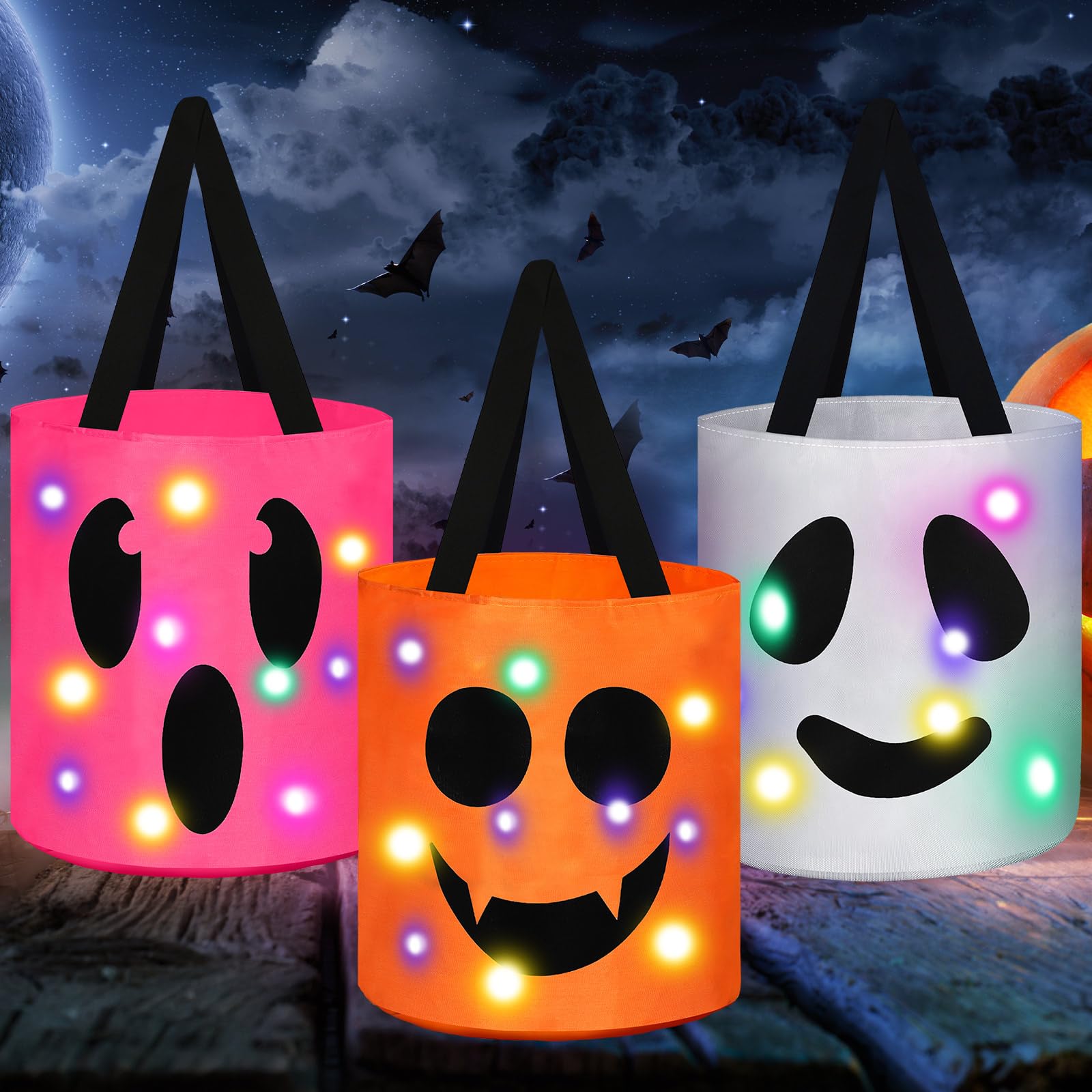 Sadnyy 3 Pcs Halloween Trick or Treat Bags Light up for Kids Pumpkin Candy Bucket LED Halloween Treating Baskets Reusable Goody Tote Bag for Party