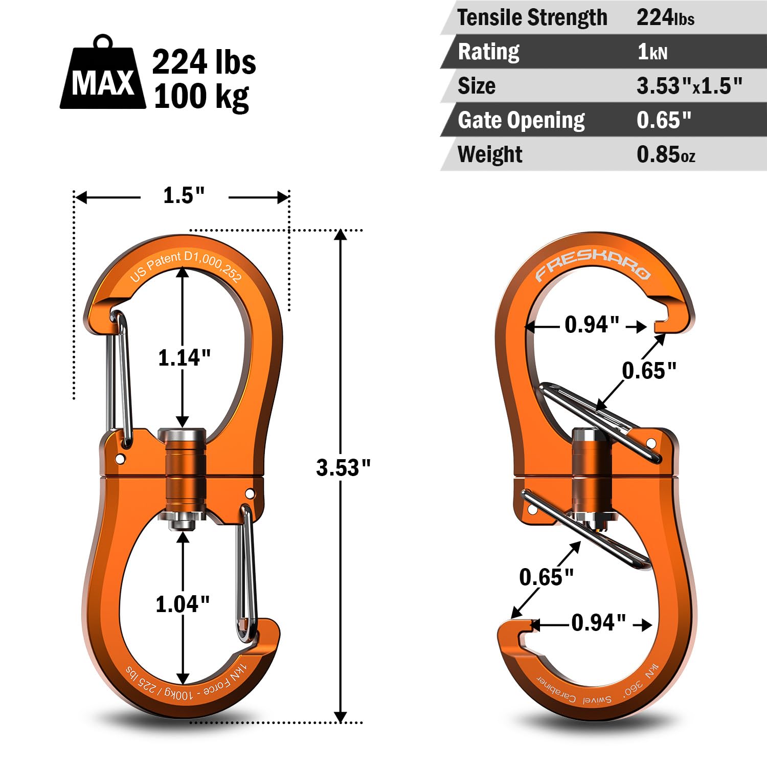 FresKaro 1kN Swivel Carabiner Clips, Heavy Duty Double-Ended Wire gate Carbineers, Small Non Locking Carabiners, Key and Keychain Karabiner, Strong Aluminum Clip for Hanging, Orange, 5pcs
