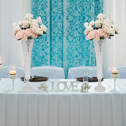 Miniatura 7 de Jarrón alto de trompeta de cristal, 20 pulgadas, jarrón de mesa de cristal de hierro para decoración de mesa de boda, fiesta, evento, color plateado