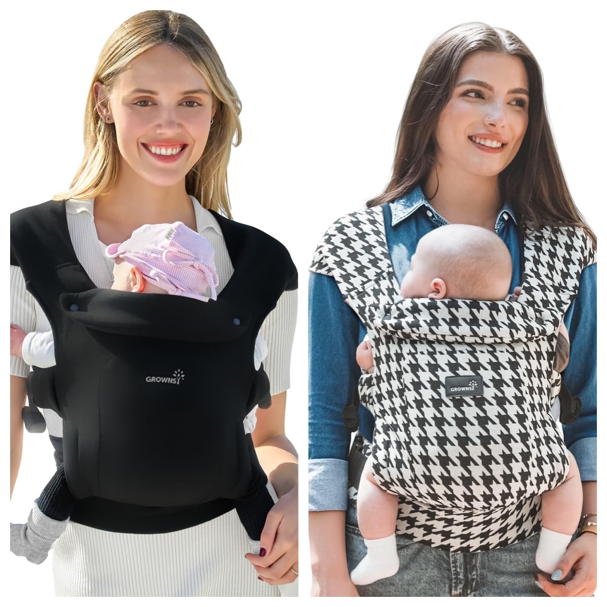 GROWNSY Baby Carrier Newborn to Toddler, Cozy Baby Wraps Carrier, Ergonomic Baby Carrier with Head Support, Black& Houndstooth Black