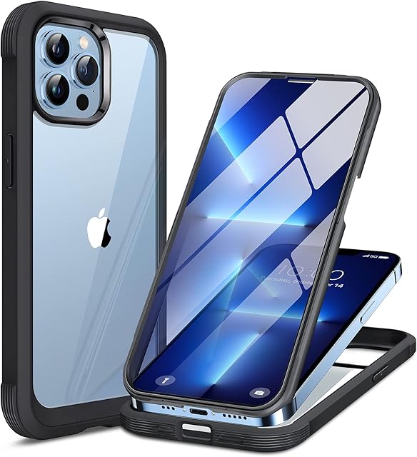 Miracase GLASS Case Compatible with iPhone 13 Pro Max Case 6.7 inch, [Glass Screen Protector] Full Body Rubber Bumper Case Cover (Black)
