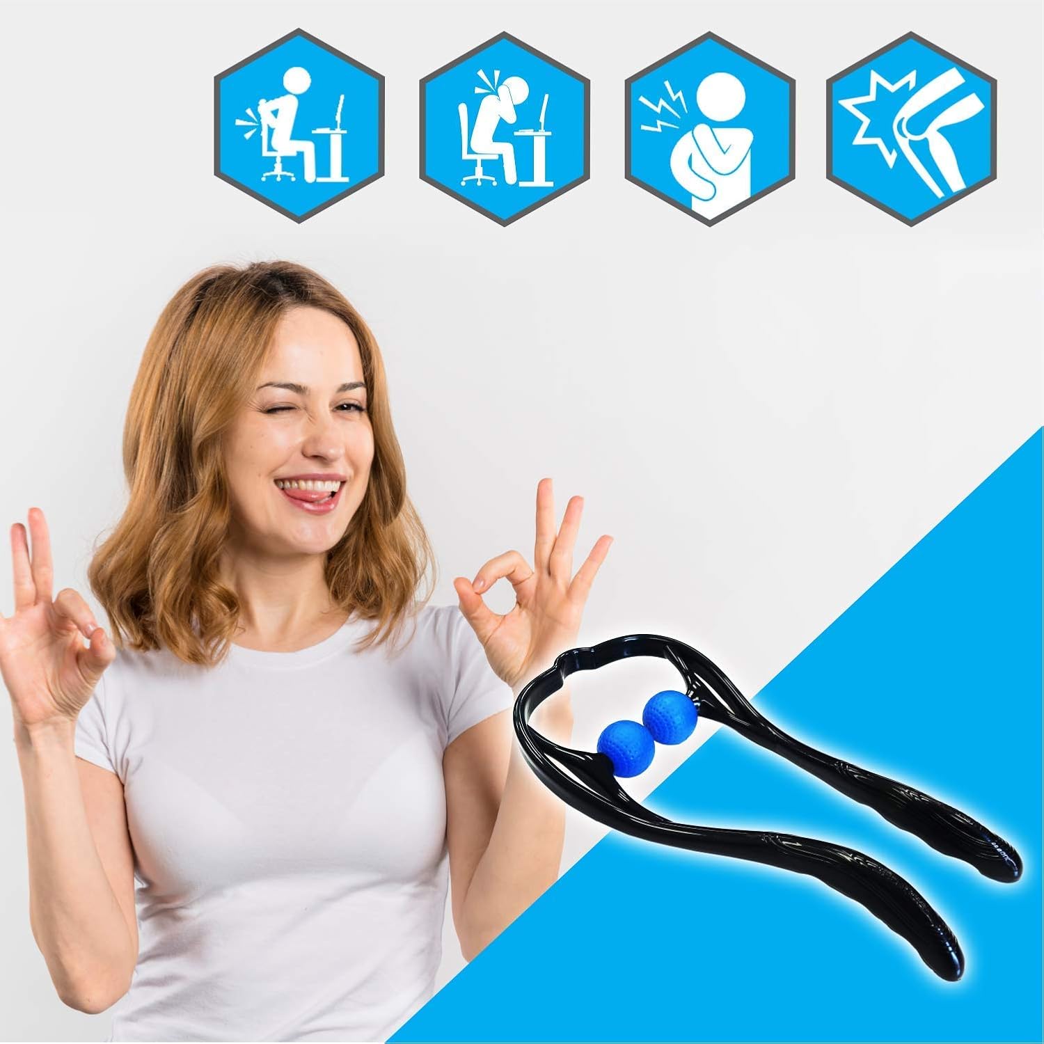 CuraCane Handheld Massager Neck, Back, Shoulders Knees by IntiMD | Тrigger Point Occipital Massage Stick Tool with Balls for Self Muscle Deep Tissue Massage, Relaxation, Tension Relief ● Lightweight : Health & Household