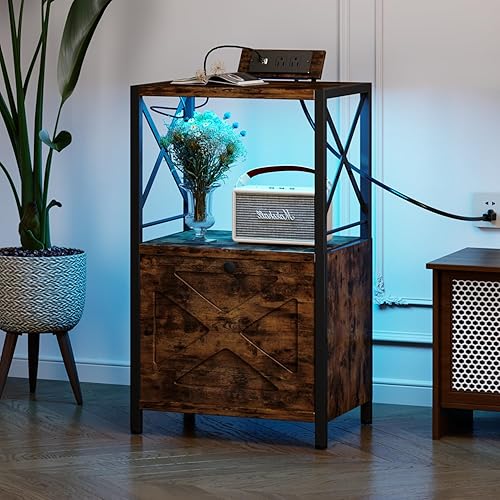 Homeiju Mesita de noche con estación de carga y luz LED, mesa auxiliar con cajones grandes y estante abierto, mesa auxiliar con puertos USB y tomas,