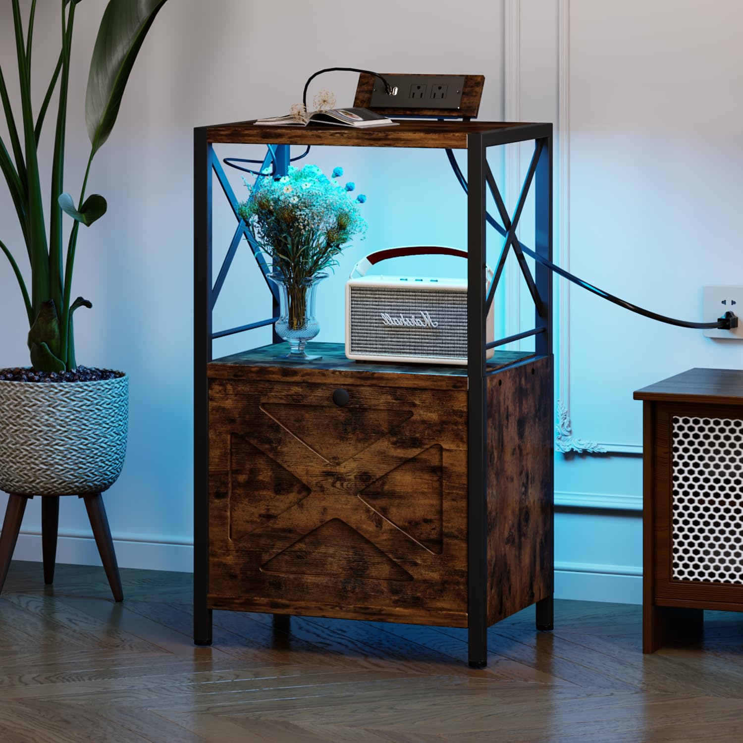 Nightstand with Charging Station and LED Light, End Table with Large Drawers and Open Shelf, Side Table with USB Ports and Outlets, Bed Stand End Table for Bedroom, Rustic Brown