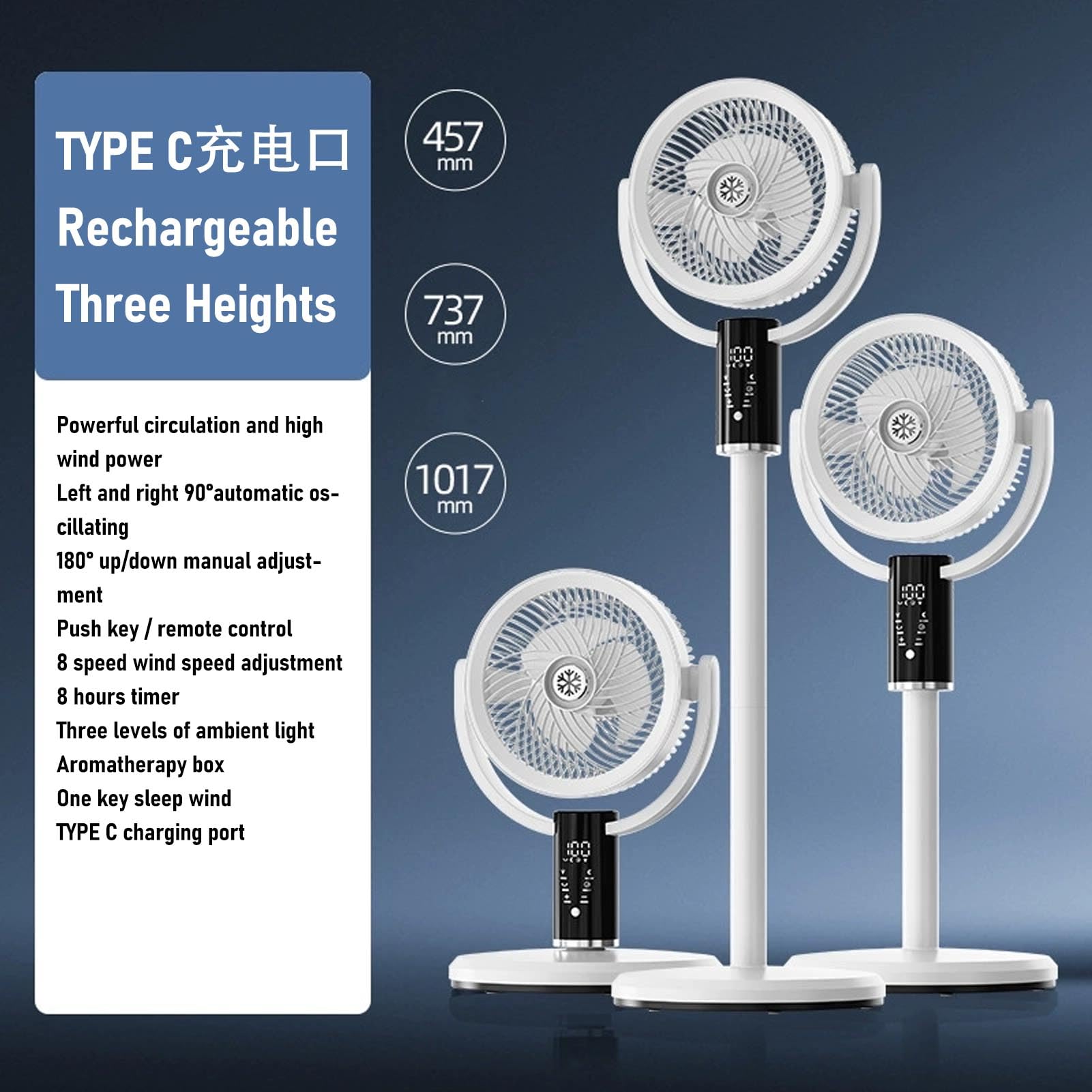 Ventilador Portátil, 8 Velocidades 3 Alturas Ajustables 12 Pulgadas Recargables Ventilador Piso Oscilante con Remoto, bajo Ruido, Luz Nocturna y Temporizador para Escritorio