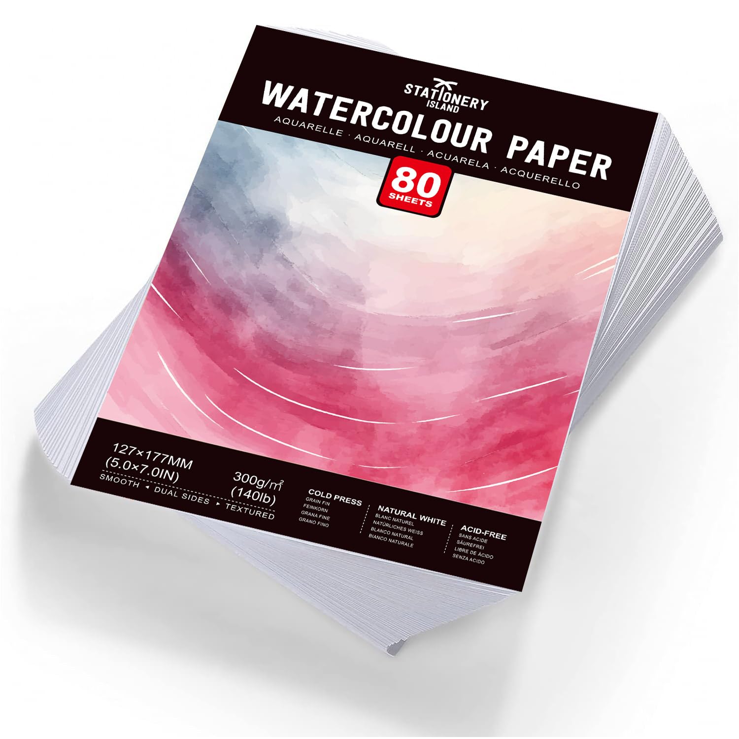 STATIONERY ISLAND 80 Sheets Watercolour Paper Bulk, 5" x 7" Natural White 300gsm Cold-Pressed Water Colour Paper, Loose Sheets Watercolour Sketchbook for Painting, Drawing, and Mixed Media