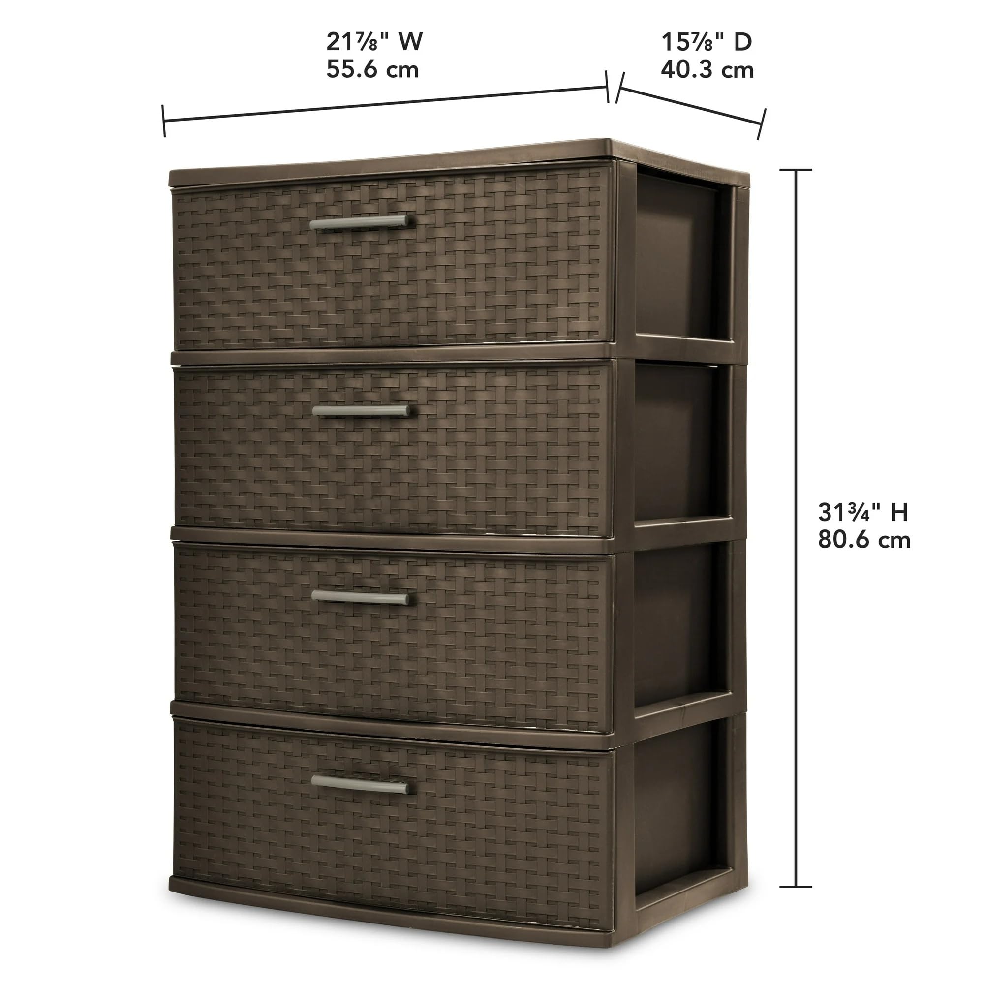 4-Drawer Plastic Weave Storage Tower – Wide Pull-Handle Drawer Organizer, Heavy-Duty Brown
