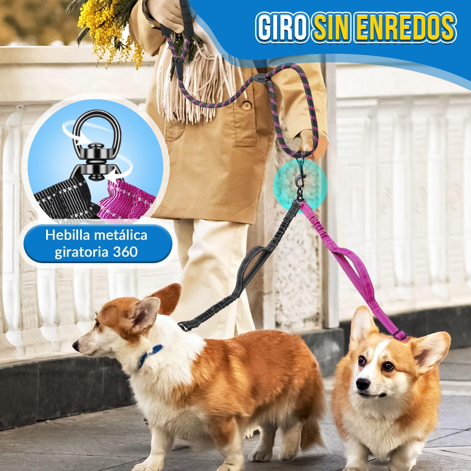 SlowTon Correa Doble para Dos Perros Pequeños, Correa Dual Antienredo con Giro de 360° y 4 Asas, Súper Ligera para Cachorros de hasta 20 Libras, Correa Reflectante Ajustable con Amortiguador de
