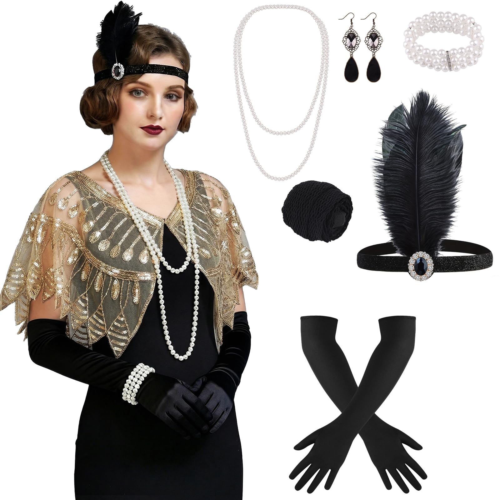 ELECLAND 10 Pieces 1920s Flapper Gatsby Accessories Set Fashion Roaring 20's Theme Set with Headband Headpiece for Women, Apricot Gold, Style 4, a — image 1