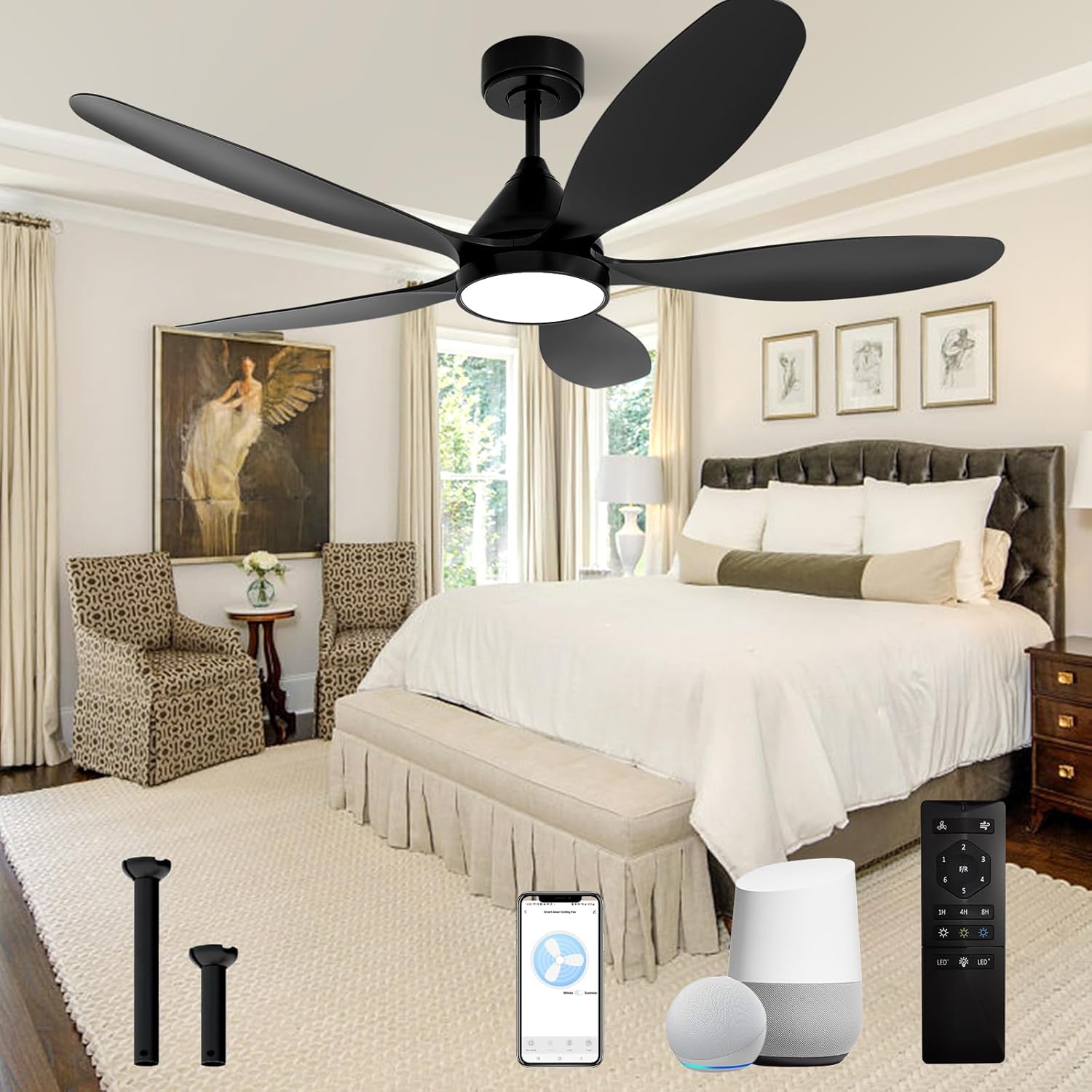 52 Inch Smart Ceiling Fans with Light, Reversible 5-Blade Ceiling Fan with Alexa,App Controls and Remote, High CFM 8811, Quiet DC Motor 6 Speed, Timing, Dimmable LED Light, Black