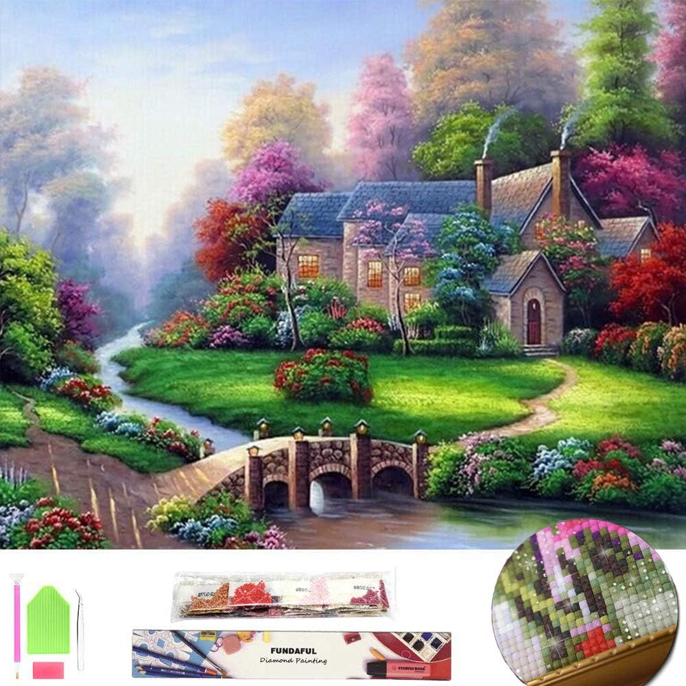 FUNDAFUL Large 5D Diamond Painting Kit for Adults, Full Square Drill Embroidery Cross Stitch Crystal Rhinestone Mosaic Making Home Decor Spring Landscape Cottage Art Craft (Summer Scenery)