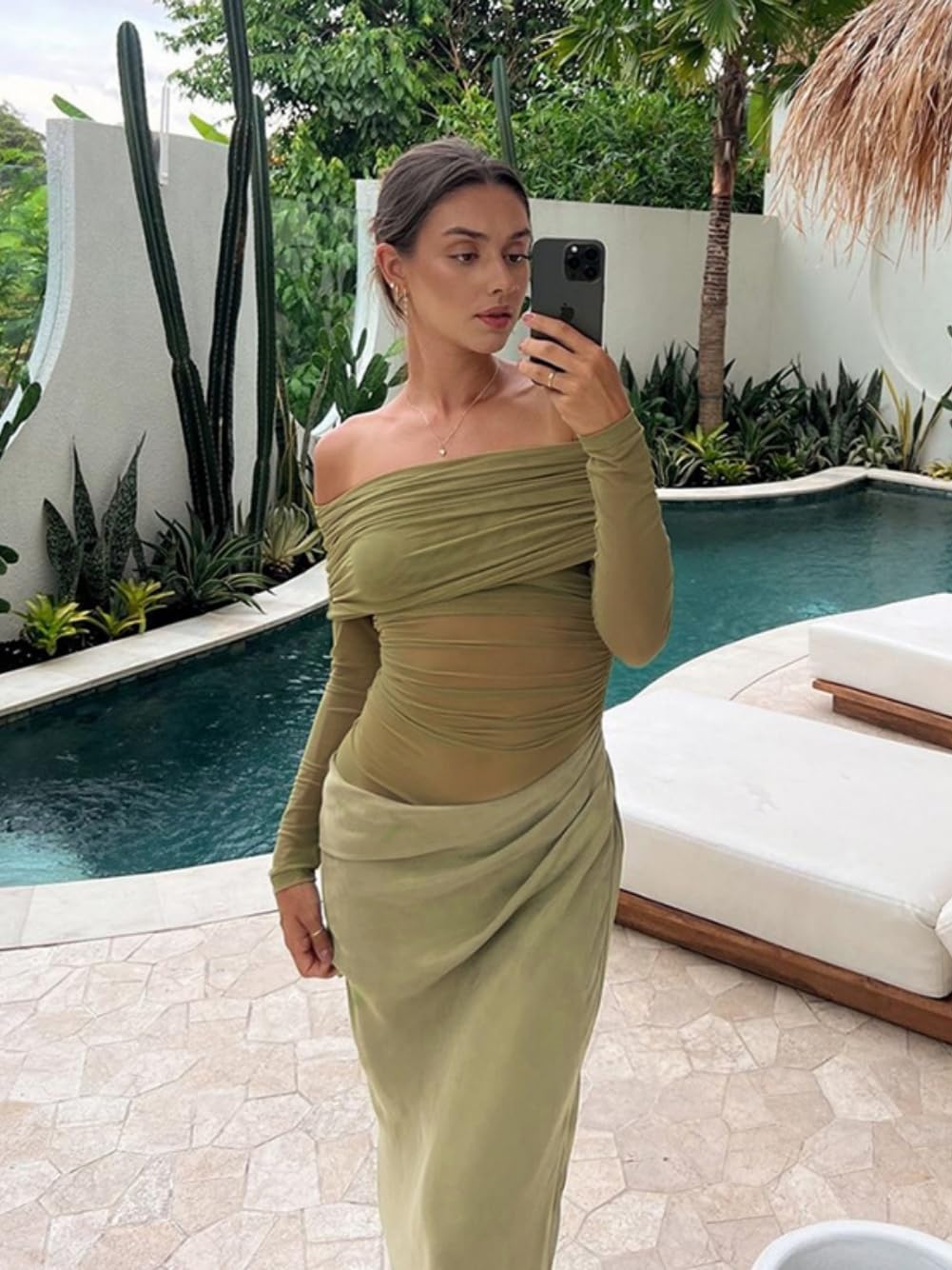Robe Femme Sexy Maxi Robes Moulante à Manches Longues Élégante Épaule Dénudée Robe Longue en Maille Transparent Bodycon Plissé Robes de Soirée Cocktail Party Fête Club Nuit Bal Mariage