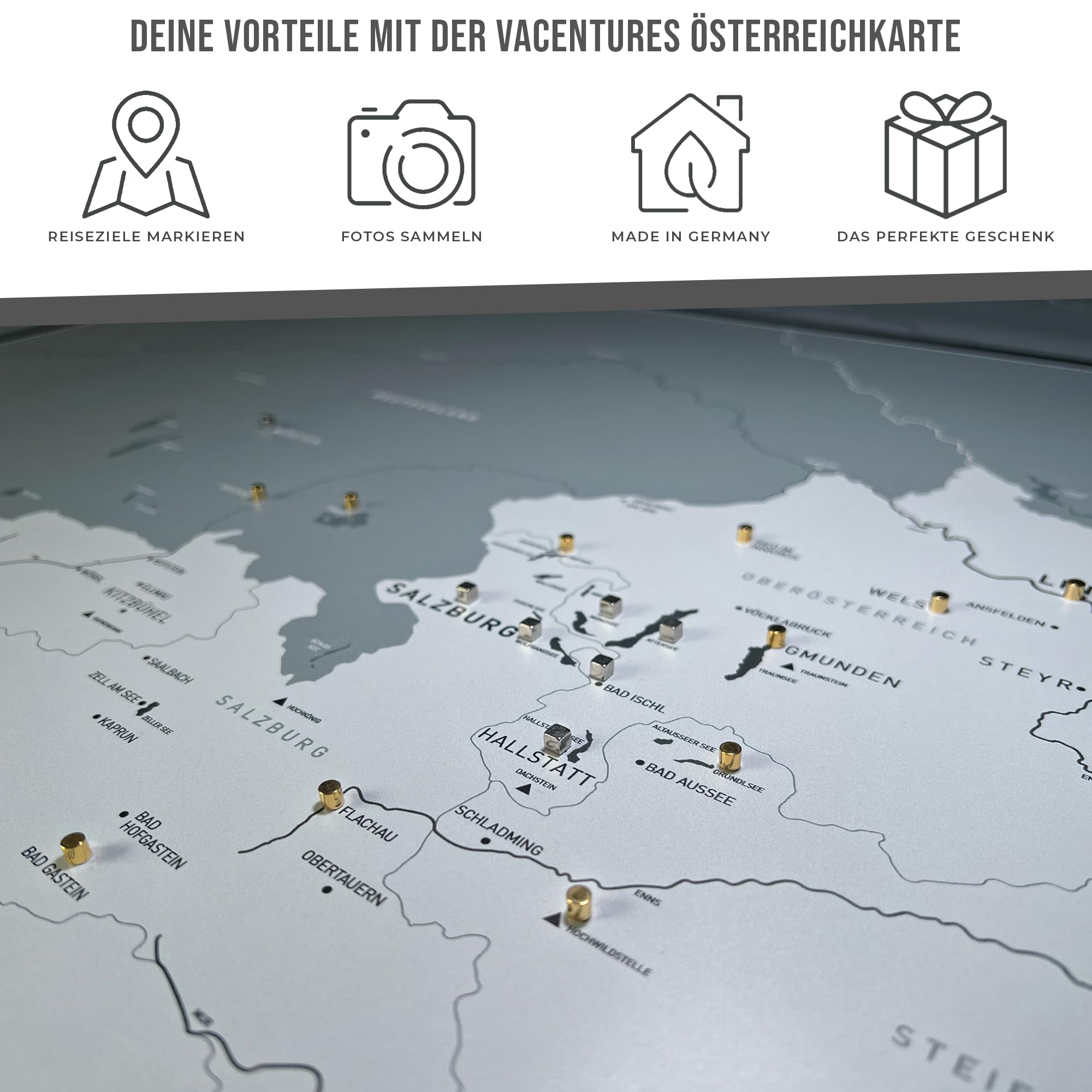 Magnetische Pinnwand Österreichkarte XL inkl. 2 x 15 magnetische Pins I Markiere Deine Reiseziele I Sammel Fotos und Magnete I Magnet Poster DIN A1