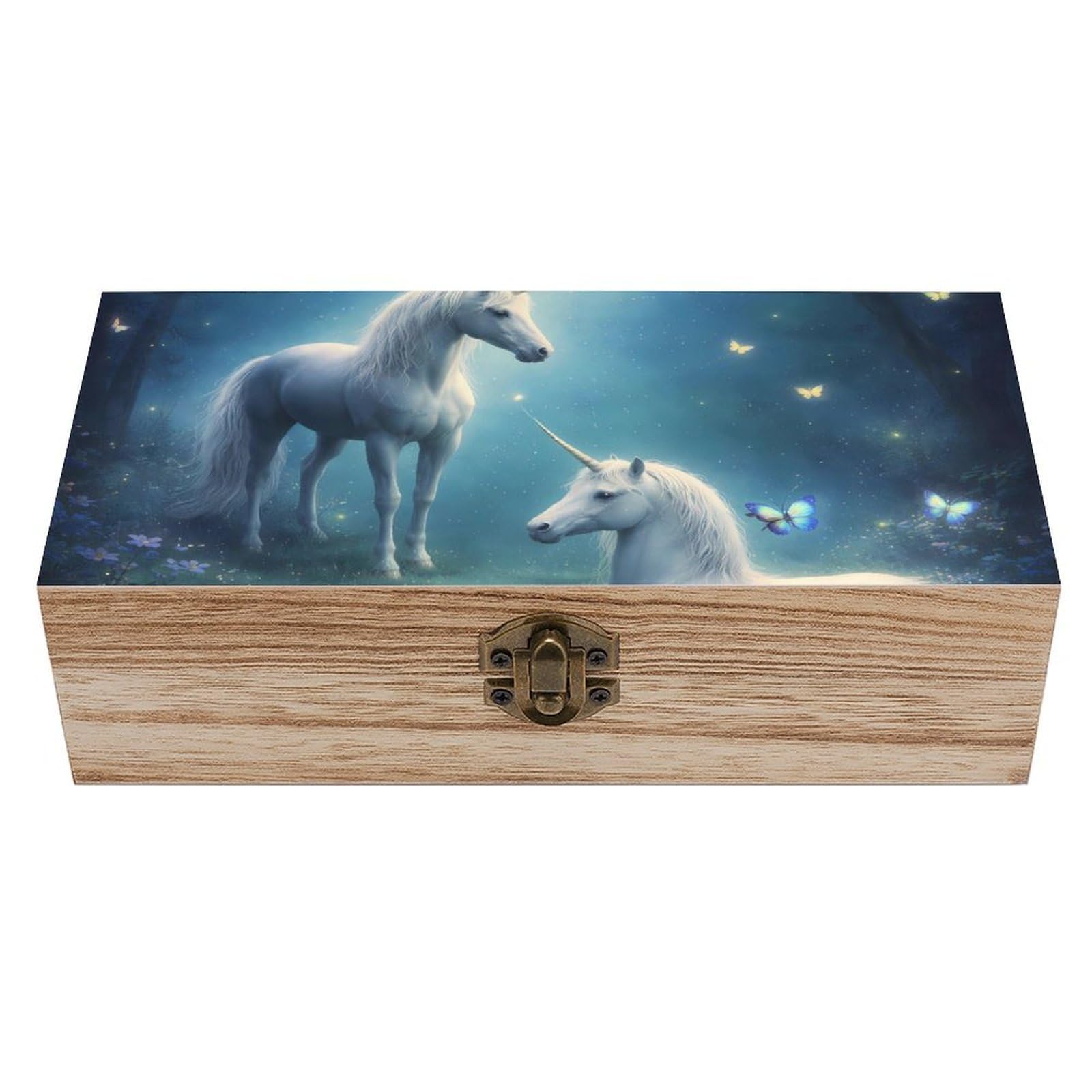 SMAZDFXX Love Unicorns Horses Art Wooden Storage Box With Hinged Lid Decorative Front Clasp Keepsake Boxes