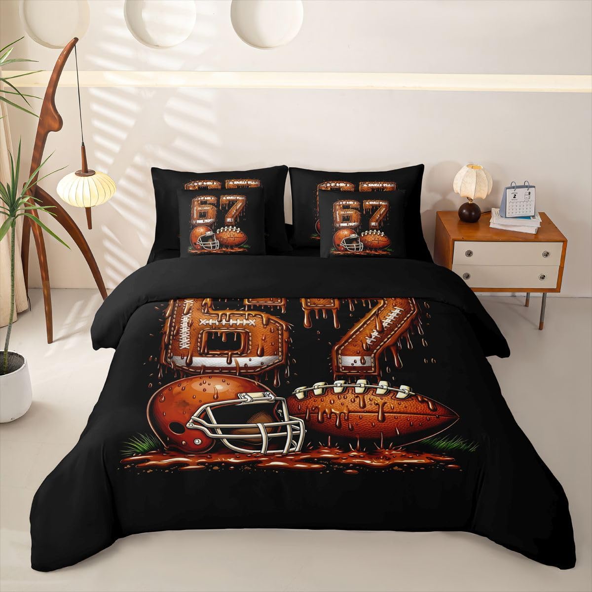 Loussiesd SIX SEVEN 6 7 Rugby copripiumino singolo 7 pezzi gelato gocciolante sport set di biancheria da letto per bambini ragazzi ragazze nero marrone letto in una borsa con copripiumino, lenzuola
