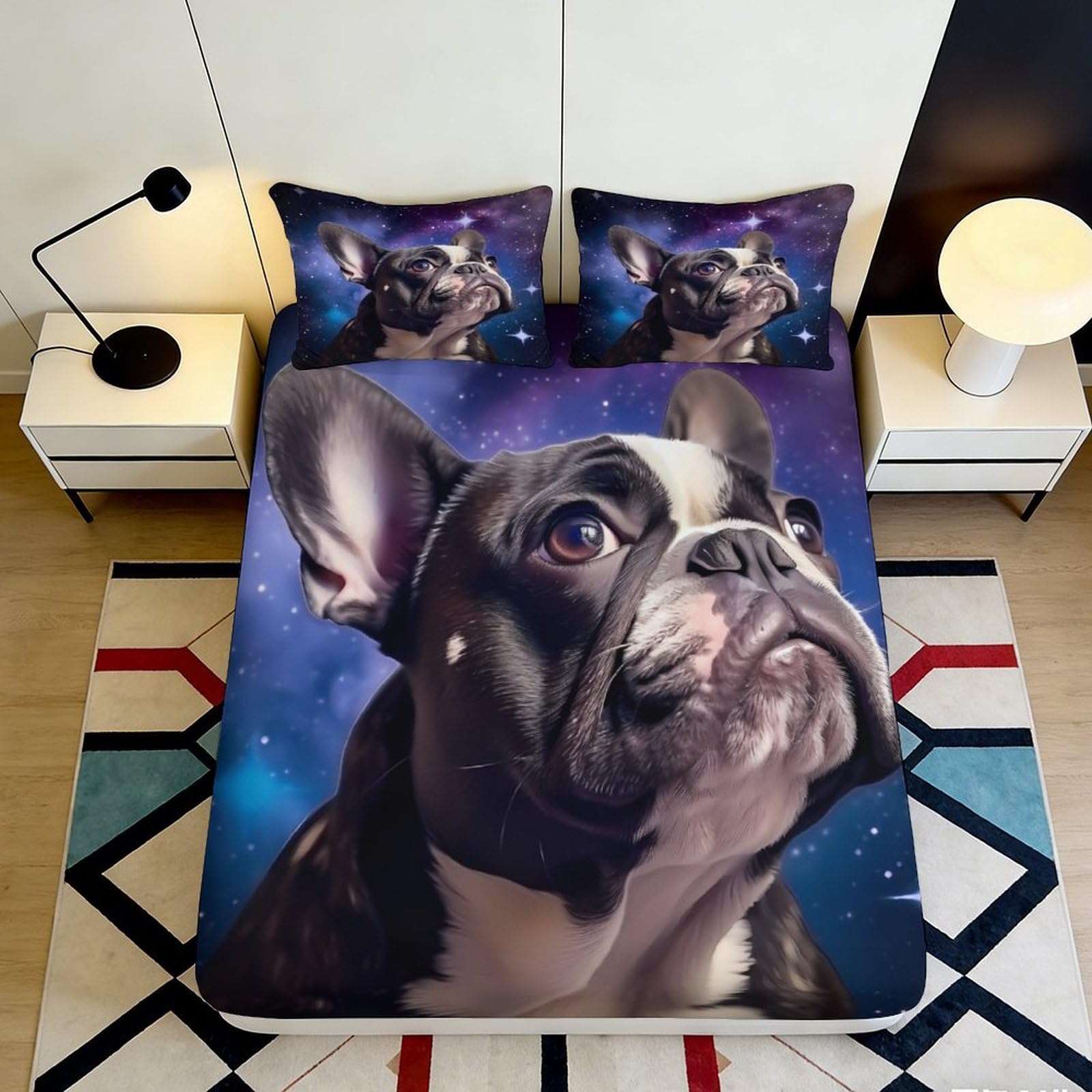 3D Printed Galaxy French Bulldog Fitted Sheet Microfiber Soft Breathable Cosmic Nebula Bed Cover for Bedroom Dormitory Guest Room Mattress Protection 200x200x25cm