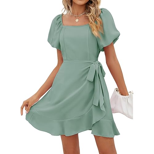 SAMPEEL Womens Summer Dresses Square Neck Puff Sleeve Tie Waist Short Dress