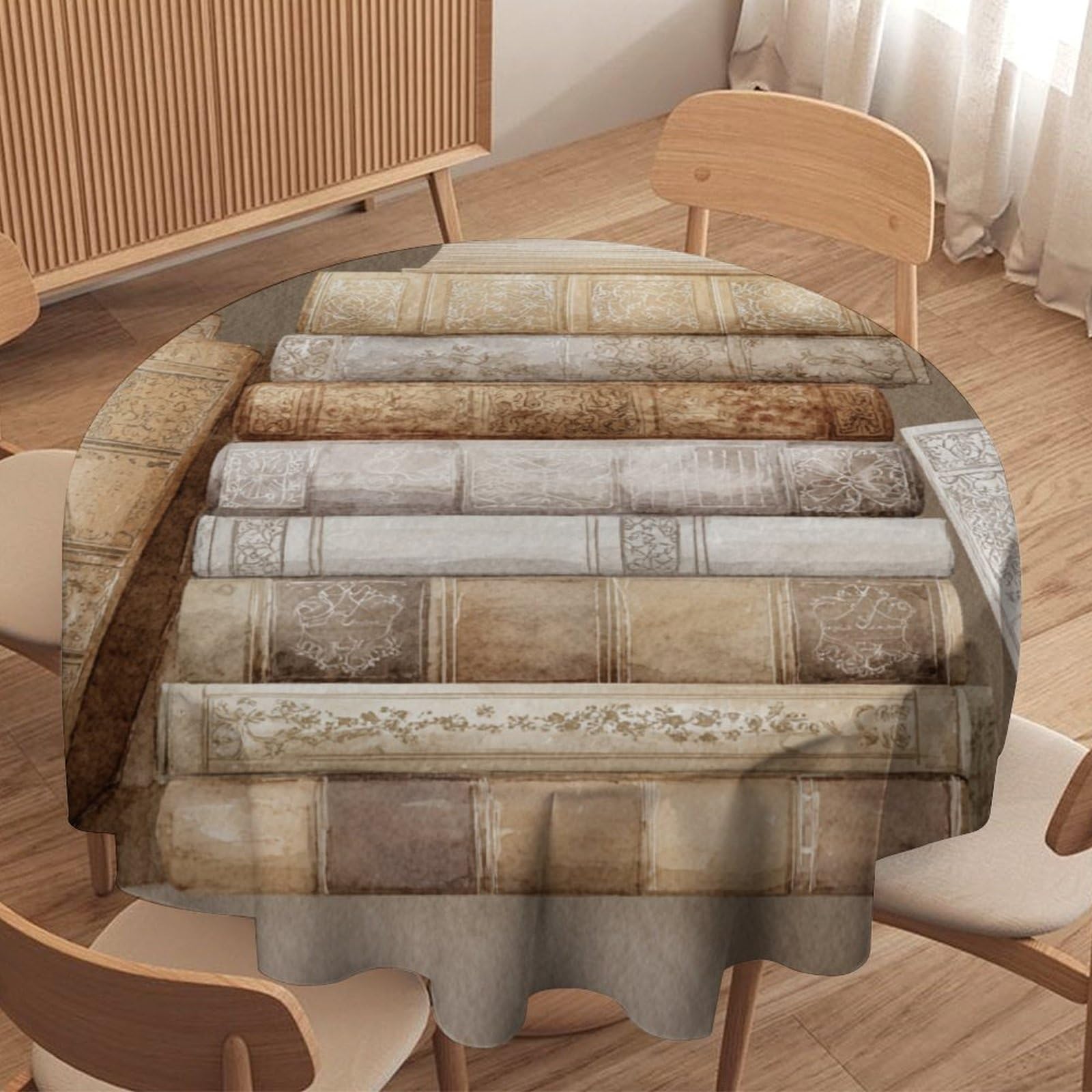 LUYYSKY Beautiful Fantasy Fairy Books Waterproof Round Tablecloth Classic Modern Antique Books Boho Floral Pattern Washable Table Cover for Kitchen-127 Wx127 L cm
