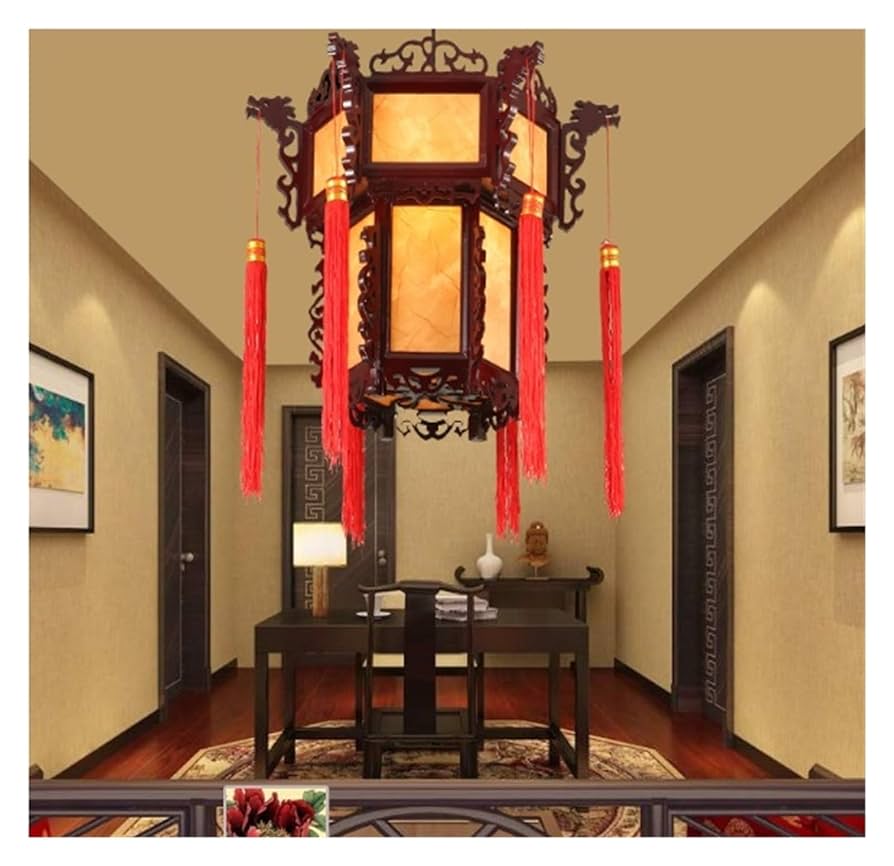 金扇紋正方膳 Chandeliers Wooden Hexagonal Lantern Chandelier, Antique