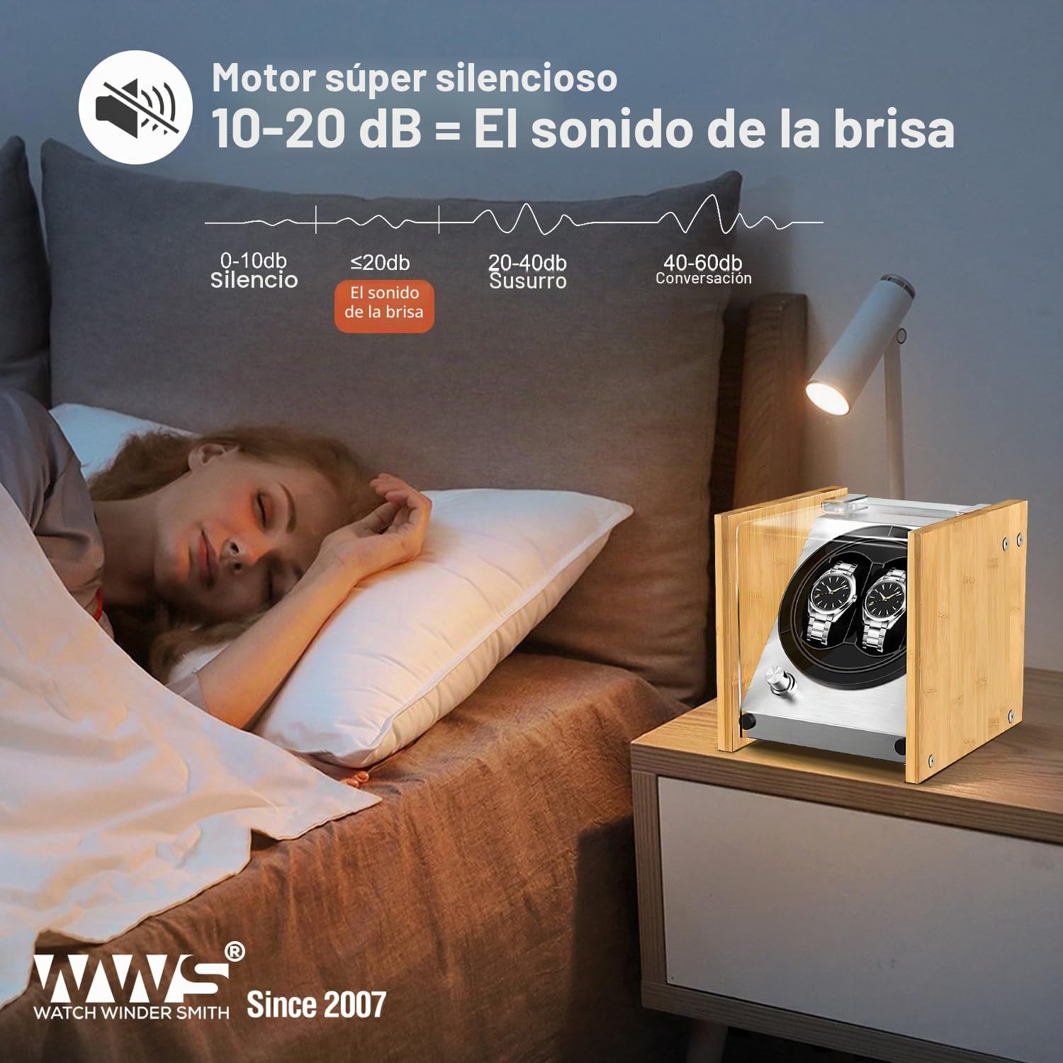 Watch Winder Smith® Caja para 2 Relojes Pareja, Artesanía Patente 100% de Madera de Bambú, Giratoria Con Motor Japonés Súper Tranquilo, AC o Batería