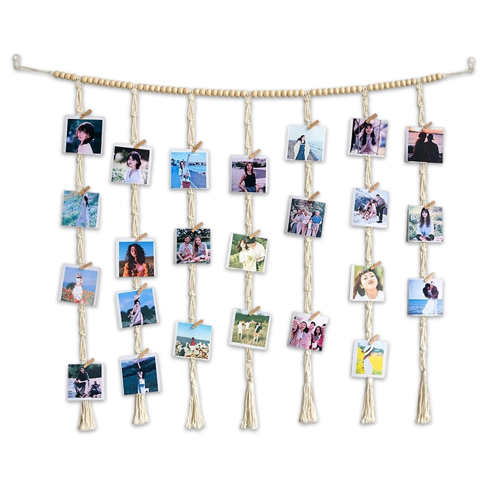 Kemay Boho Macrame Photo Display, Hanging Wall Decor with 30 Wooden Clips for Prints, Aesthetic Room Decor for Teen Girls Bedroom, Living Room, Dorm