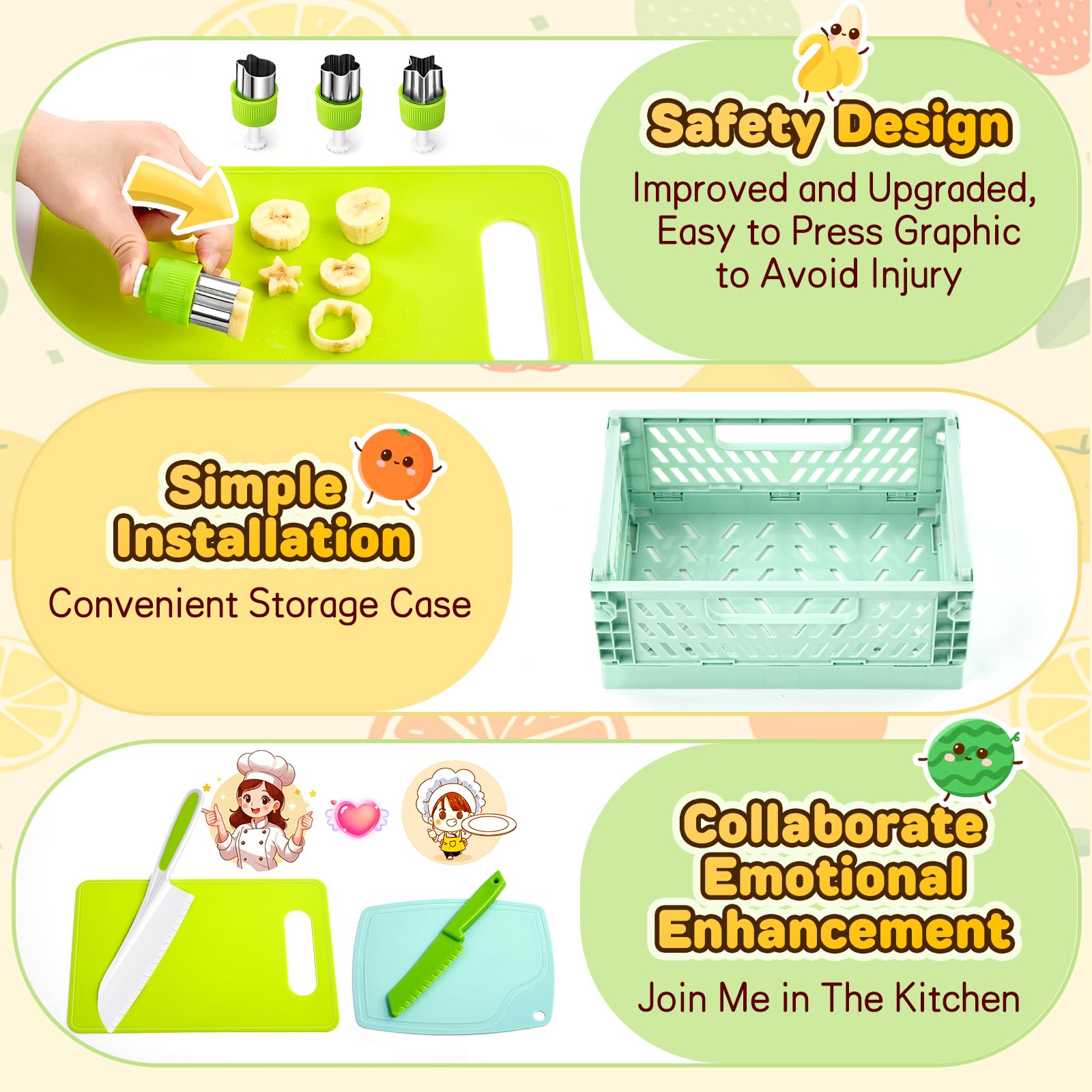 Couteaux de Cuisine pour Enfants Kit, 26 Outils de Cuisine pour Enfants, Comprenant un Couteau de Chef, un Coupe-fruits, un Panier de Rangement et Plus Encore, Parfait pour les Petits Chefs