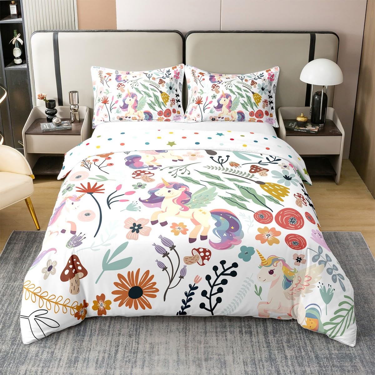 Einhorn 100% Baumwolle Bettbezug für Mädchen,Cartoon Magische Tier Tröster Abdeckung,Kinder Regenbogen Bettwäsche Set,Natürliche Botanische Pflanze Bettwäsche Abdeckung 135x200 für Schlafzimmer Dekor