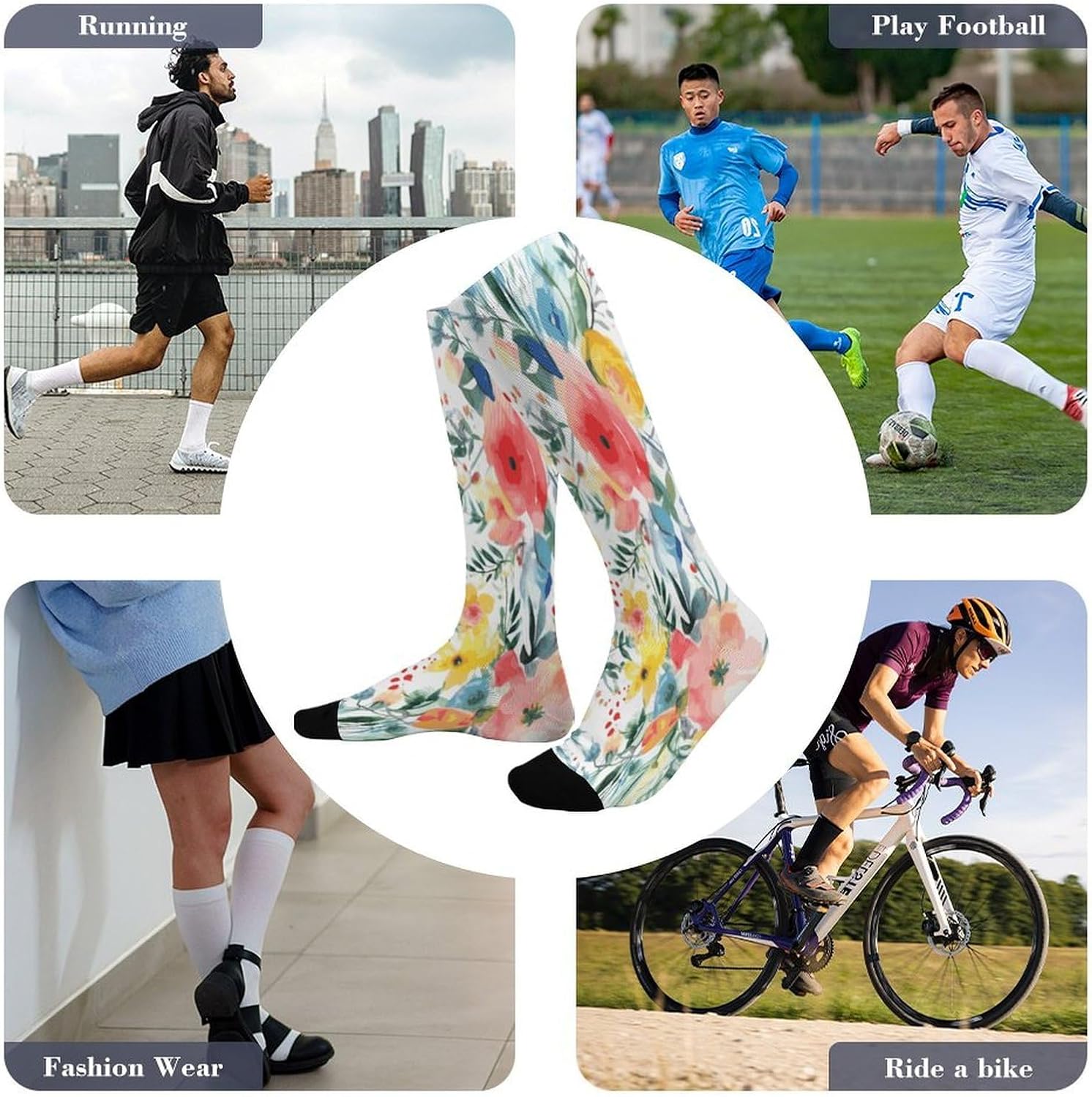 Bright Floral Watercolor Compression Socks for Men Women | Funny Novelty Knee High Socks, Breathable Cozy Soft Football Sock, Over The Calf Socks for Casual Work Athletic Sock & Gifts