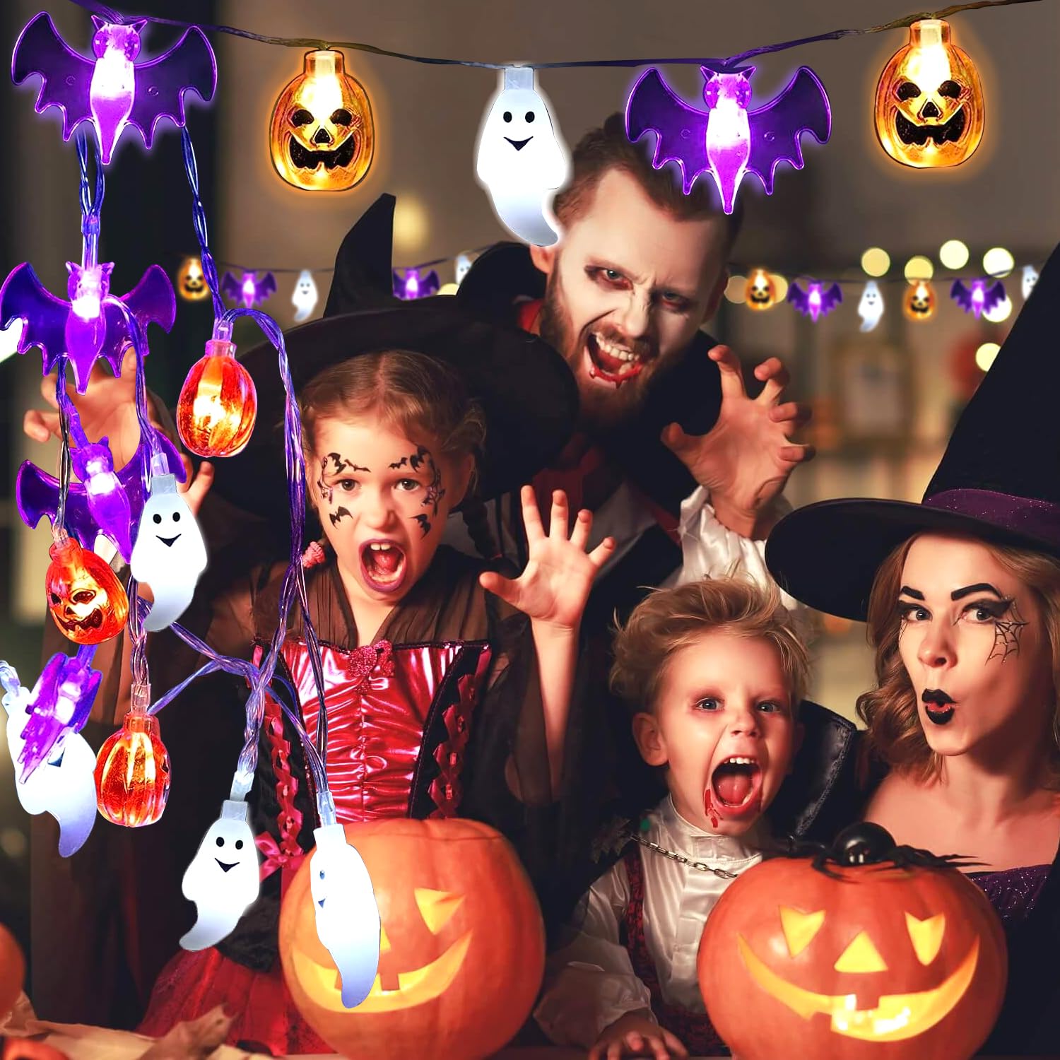 Batteriebetriebene Halloween-Lichterkette Mit Kürbissen, Fledermäusen Und Geistern – 3 Meter, 20 LED, Für Drinnen Und Draußen