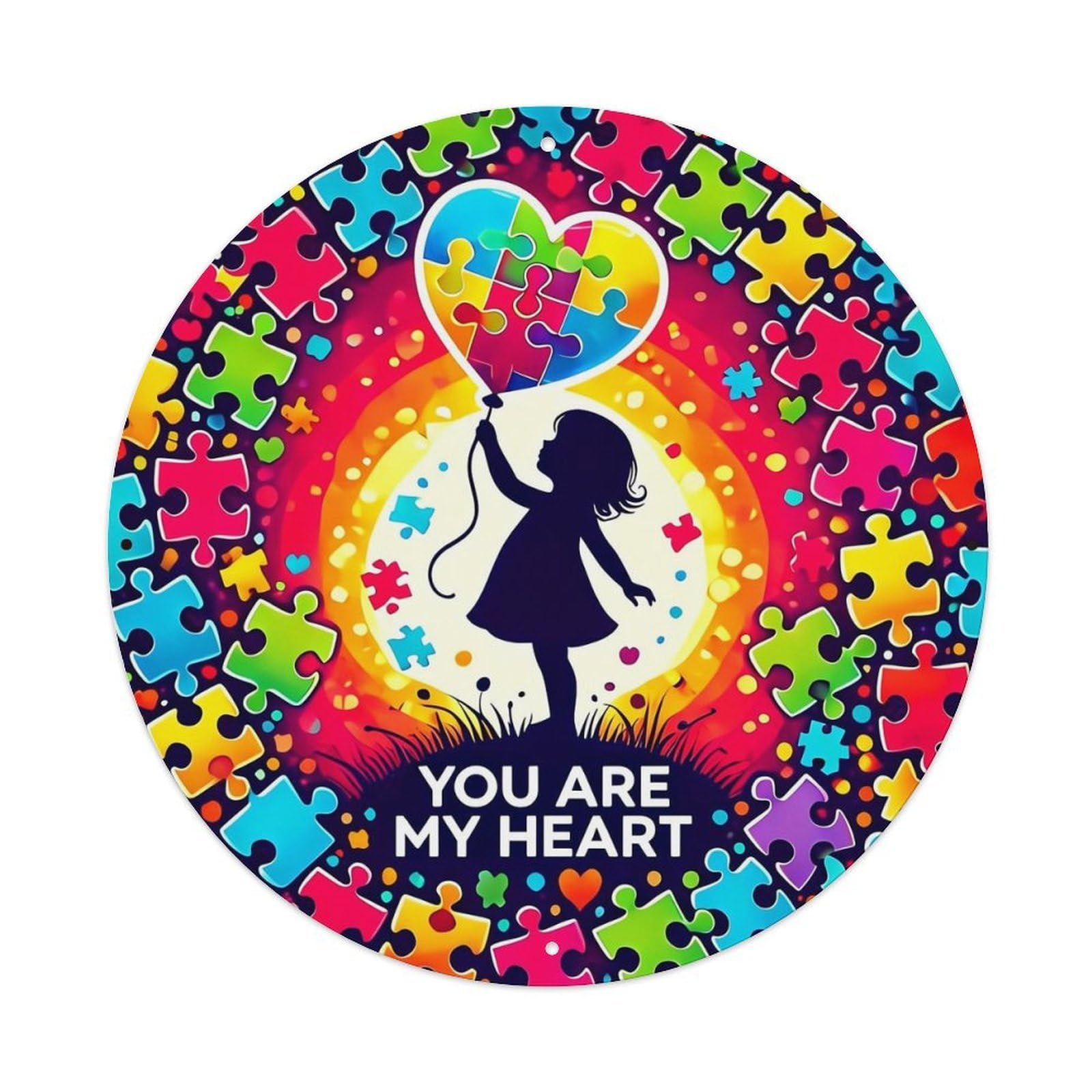 Colorful Puzzle Pieces Heart Silhouette Vintage Metal Tin Sign Retro Wall Decor for Home Bar Garage Cafe, Indoor & Outdoor Decorative，circle Metal Poster, 8x8 Inch