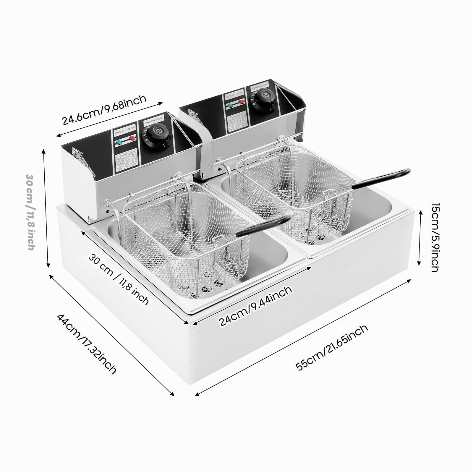 Friteuse commerciale, 2 x 6 l, électrique, à double réservoir, avec panier et couvercle anti-poussière, double friteuse à huile en acier inoxydable, chauffage rapide, contrôle indépendant de