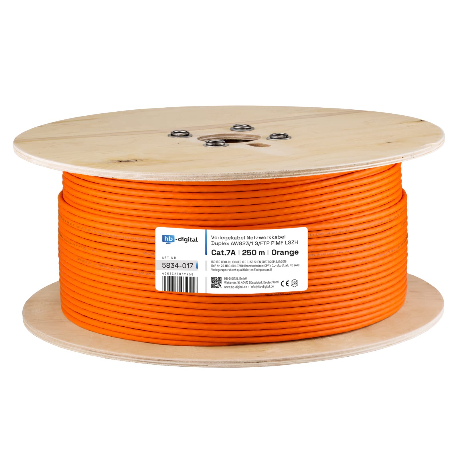 HB-DIGITAL 250m Netzwerkkabel LAN Duplex Verlegekabel Cabel cat.7a max. 1200MHz Reines Kupfer S/FTP PIMF LSZH Halogenfrei RoHS-Compliant AWG23 (2 verbundene Strängen) Orange