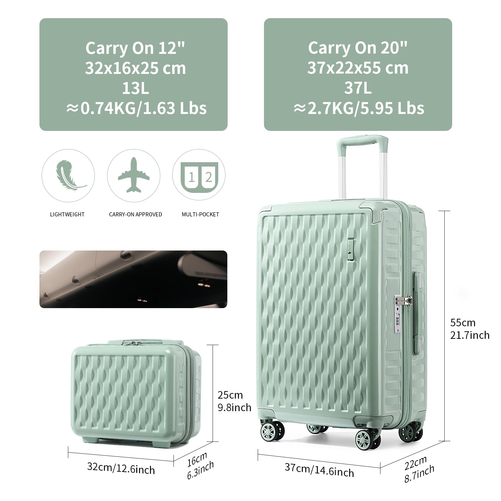 Sea choice Valise Cabine Lot de 2 Ensemble de Bagages avec Vanity Case Rigide Legere pour Bagage à Main ABS+PC à 8 Roues Sets de Bagages 55cm avec Fermeture éclair et Serrure TSA,Vert Matcha