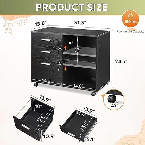 Miniatura 16 de DEVAISE Archivador de madera de 3 cajones con cerradura, archivador lateral móvil, soporte de impresora con estantes de almacenamiento abiertos