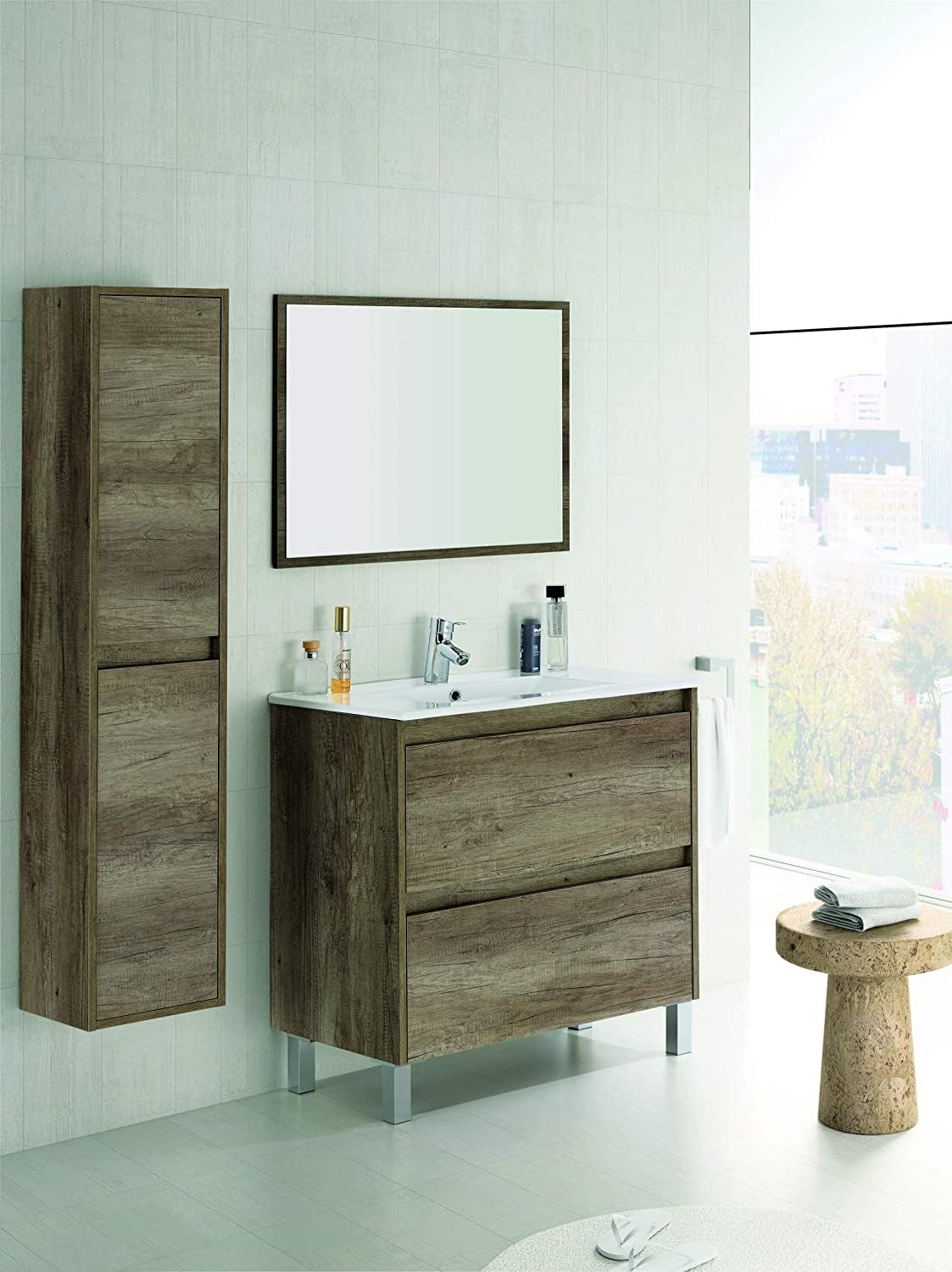 Bricozone Mobile Bagno Con Lavabo In Ceramica E Specchio 80 Cm Colore Quercia Con 2 Cassettoni Chiusura Ammortizzata Arredo Bagno Moderno 80 x 45 x 80 Cm